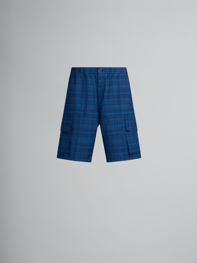 BLUE STRETCH WAIST CARGO SHORTS IN CHECKED LIGHT WOOL - 1
