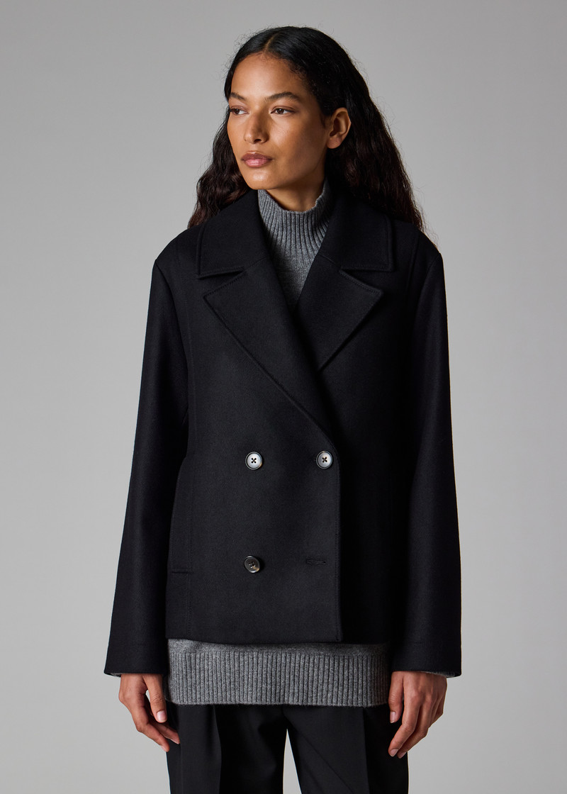 Women's Black Wool-Cashmere Blend Short Pea Coat 10