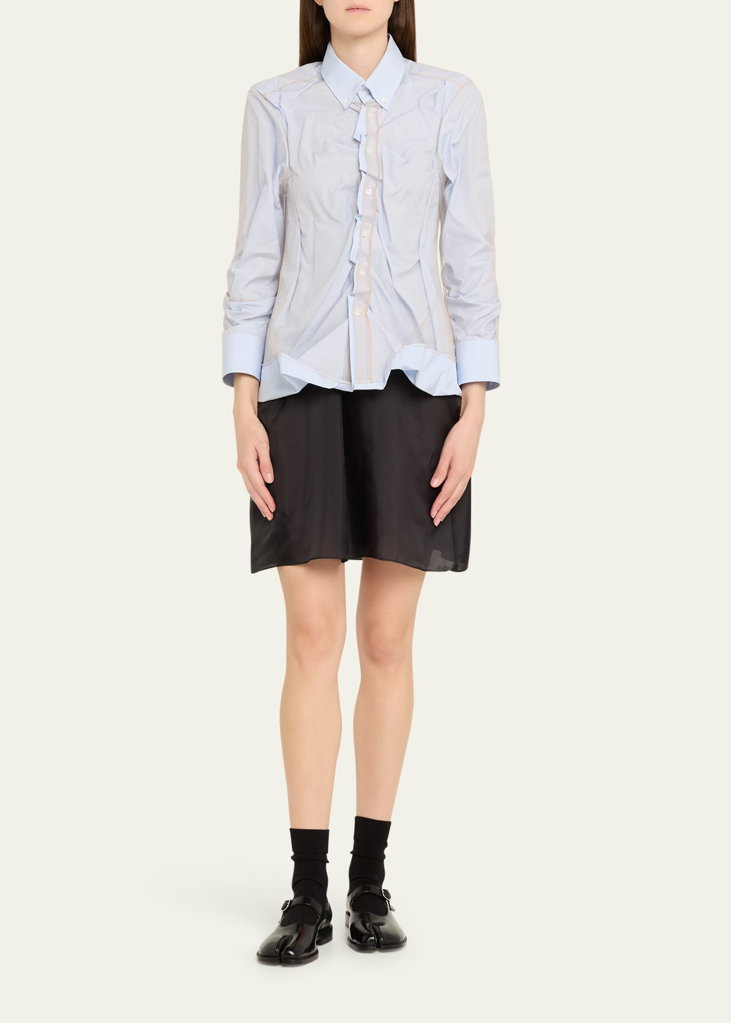 Layered Draped Stripe Button-Down Blouse - 2