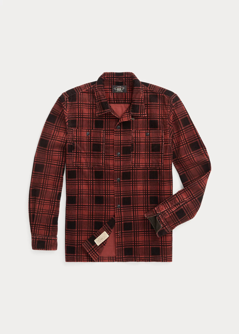 Plaid-Print Corduroy Camp Shirt 1