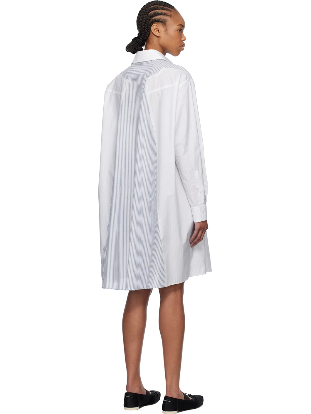 White Spliced Striped Cotton Poplin Midi Dress - 3
