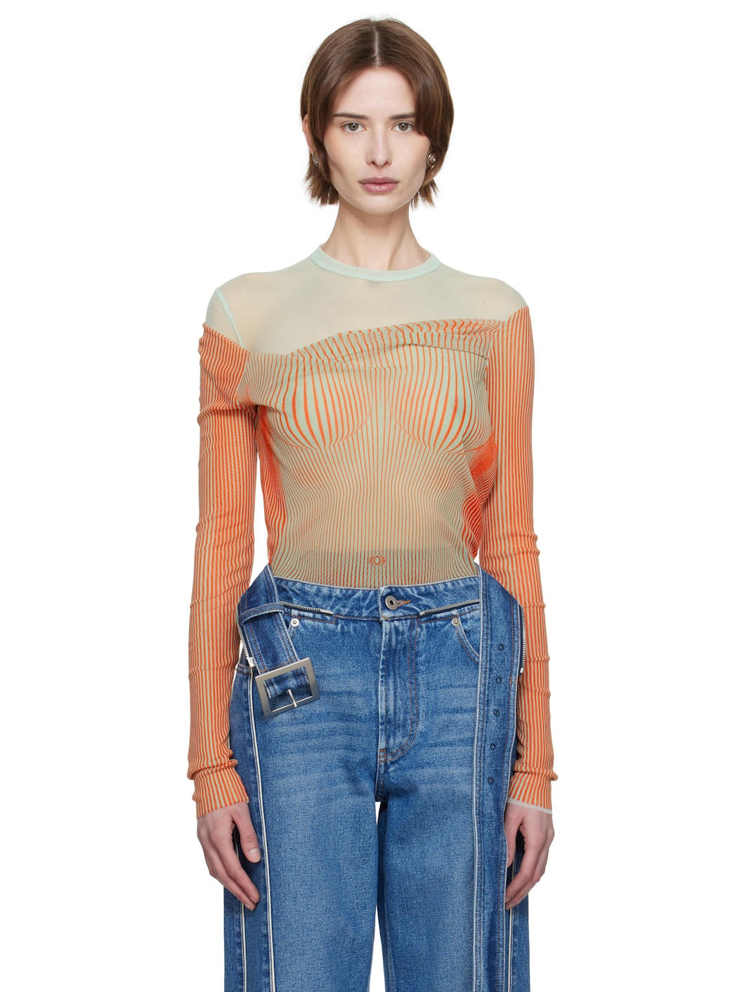 Green & Orange 'The Draped Body Morphing' Bodysuit - 1