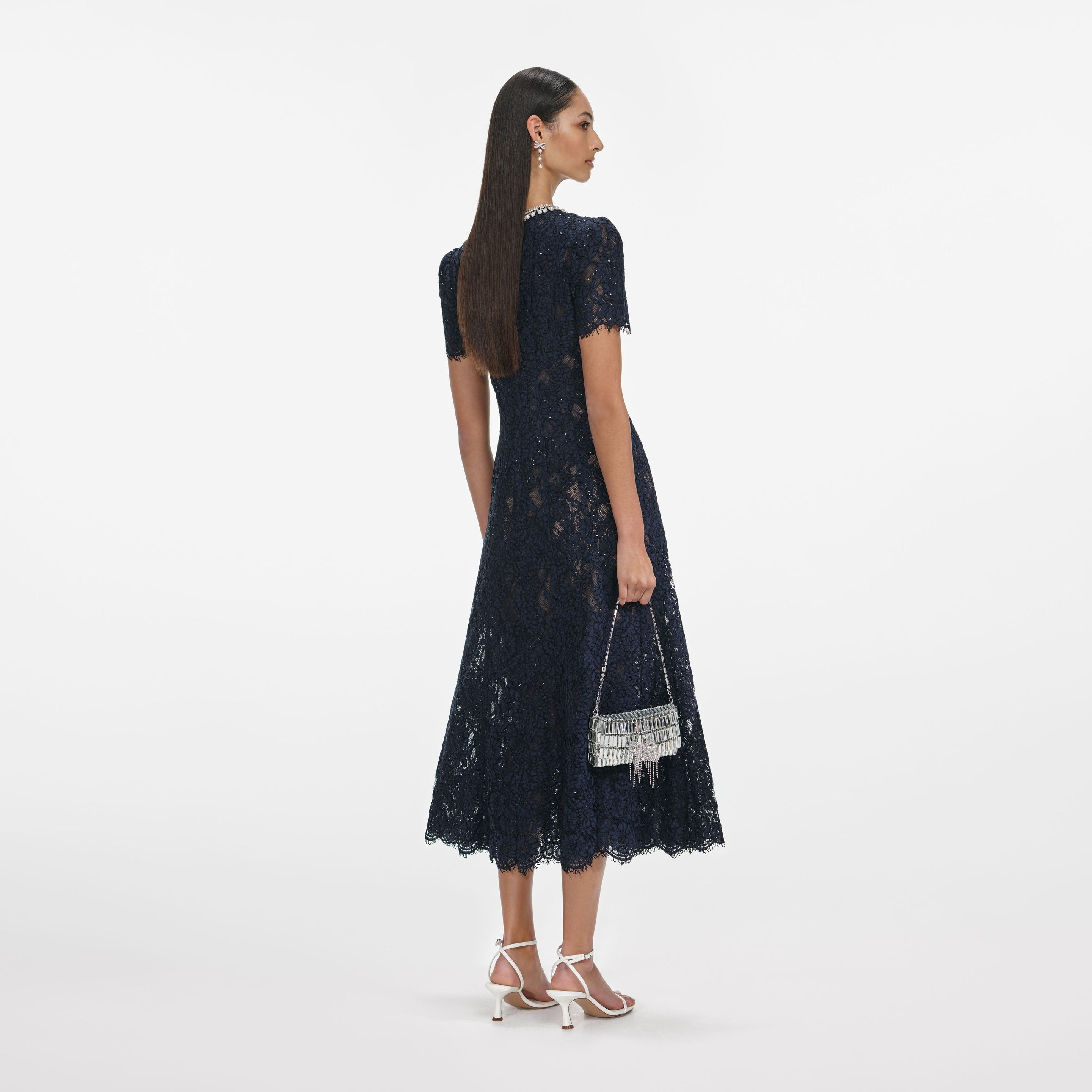 Navy Lace Embellished Midi Dress - 3