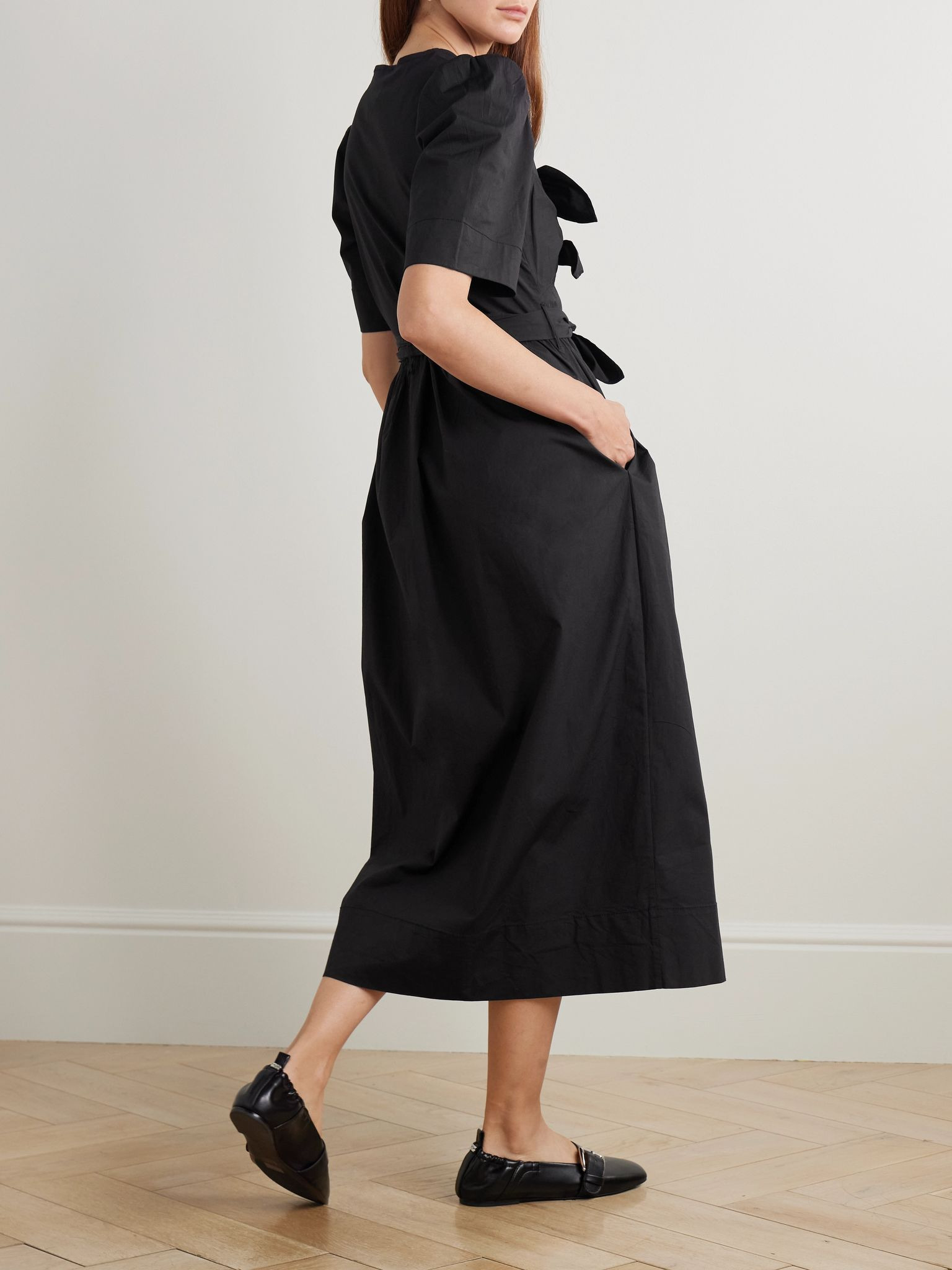 Belted bow-embellished stretch-cotton poplin midi dress Black - 3
