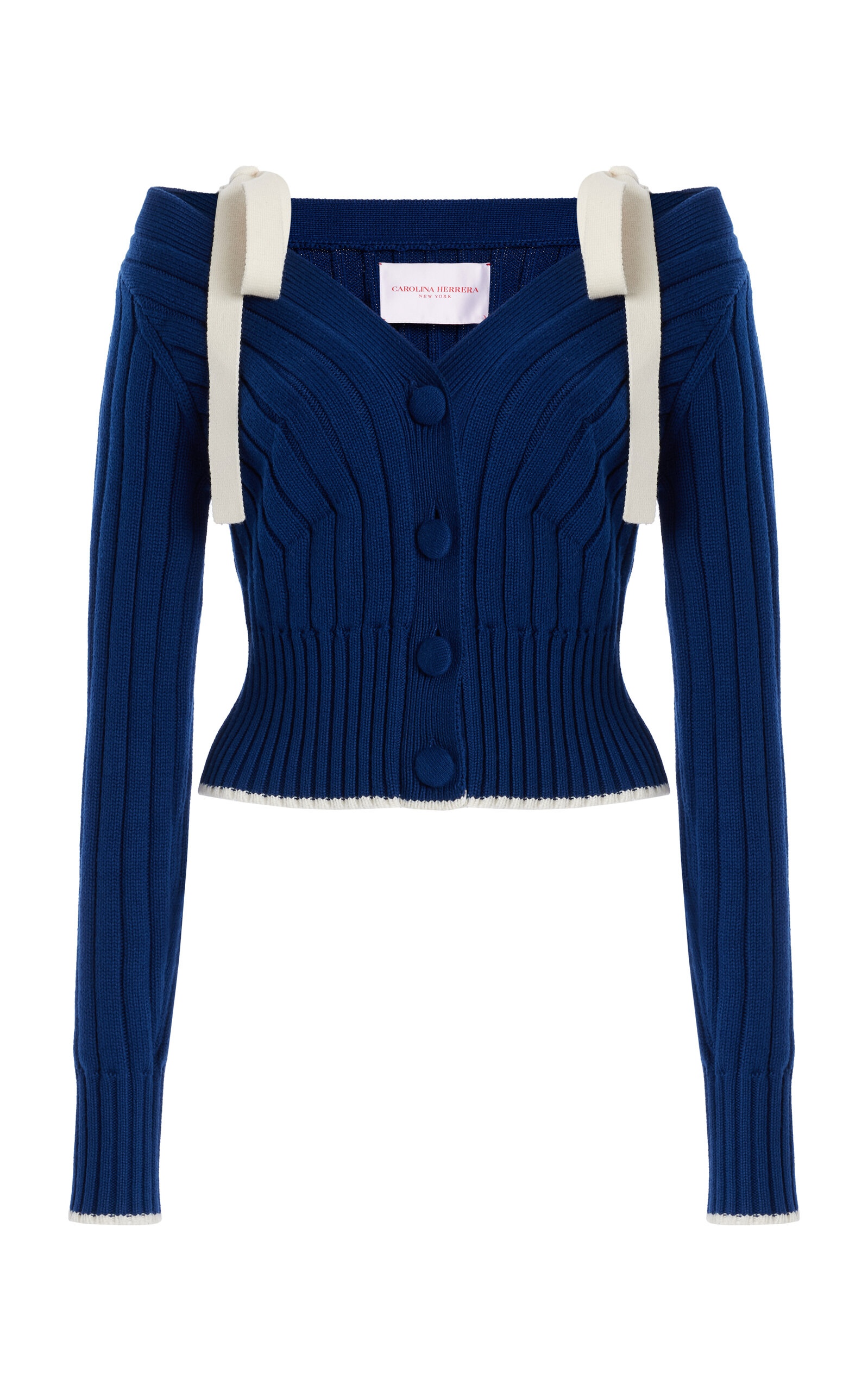 Tie-Detailed Knit Cotton-Wool Off-The-Shoulder Cardigan navy - 1