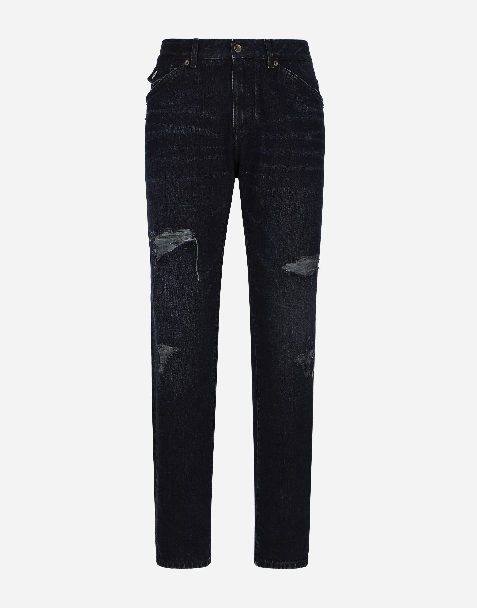 Blue denim jeans with abrasions and rips - 1
