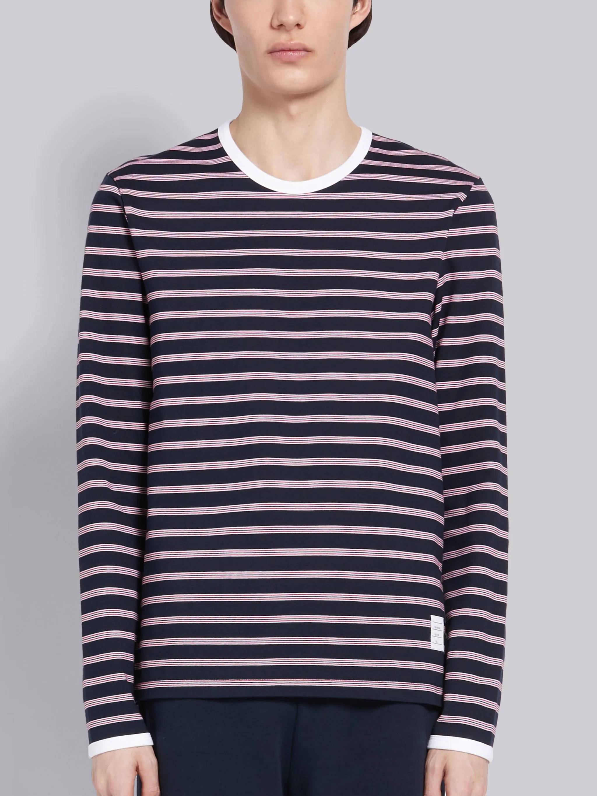 Navy Cotton Hairline Stripe Long Sleeve Ringer T-shirt - 1