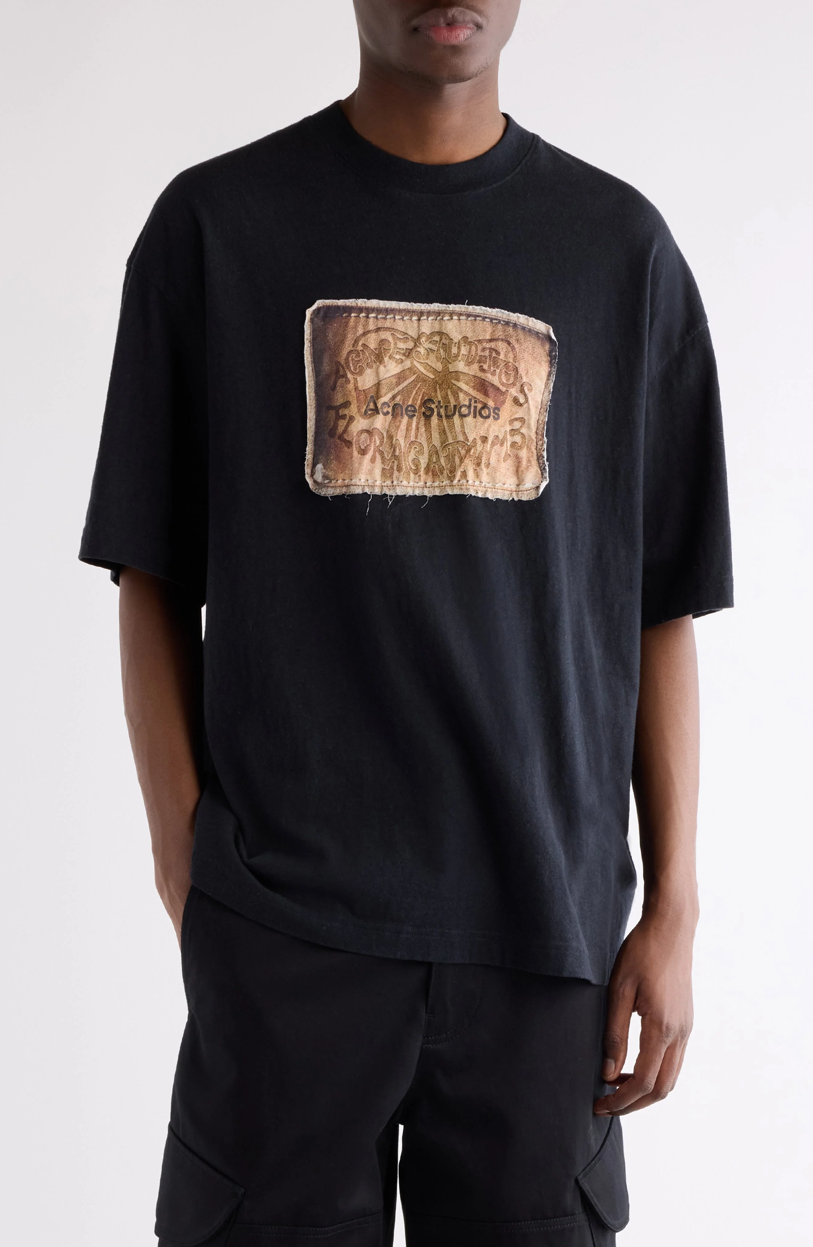 Acne Studios Exford U Bow Label Logo Patch T-Shirt in Faded Black at Nordstrom - 1