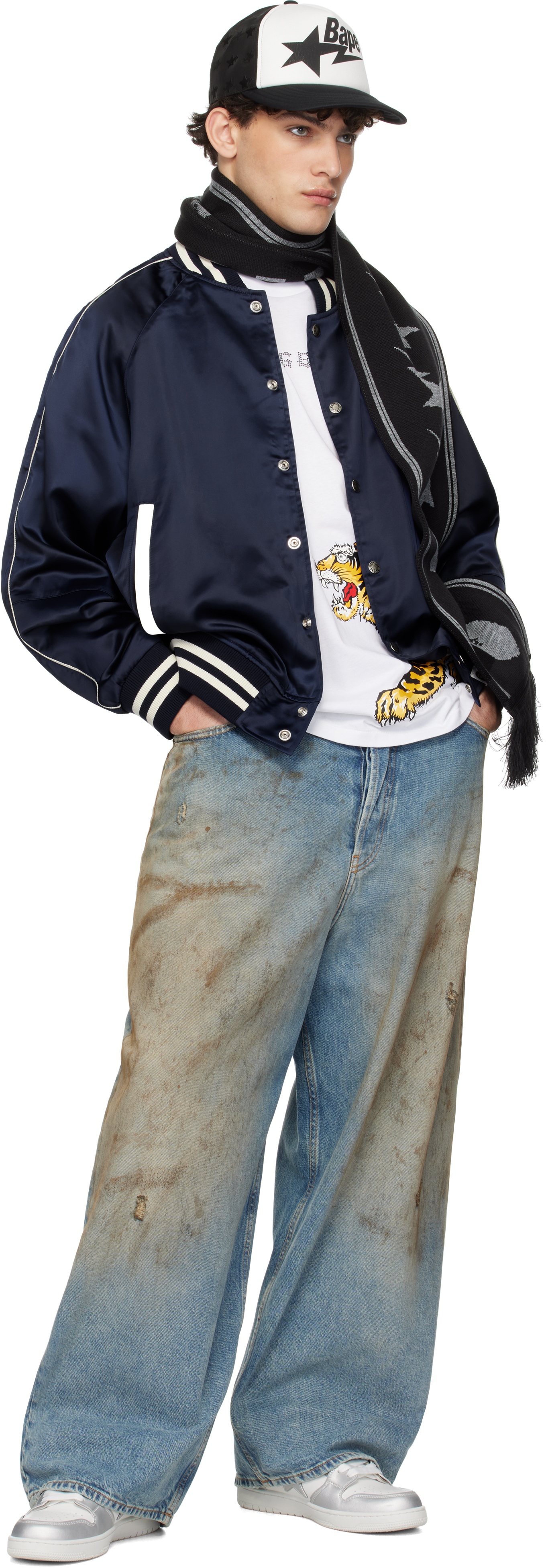 Navy 'A Bathing Ape' Nylon Varsity Bomber Jacket - 4