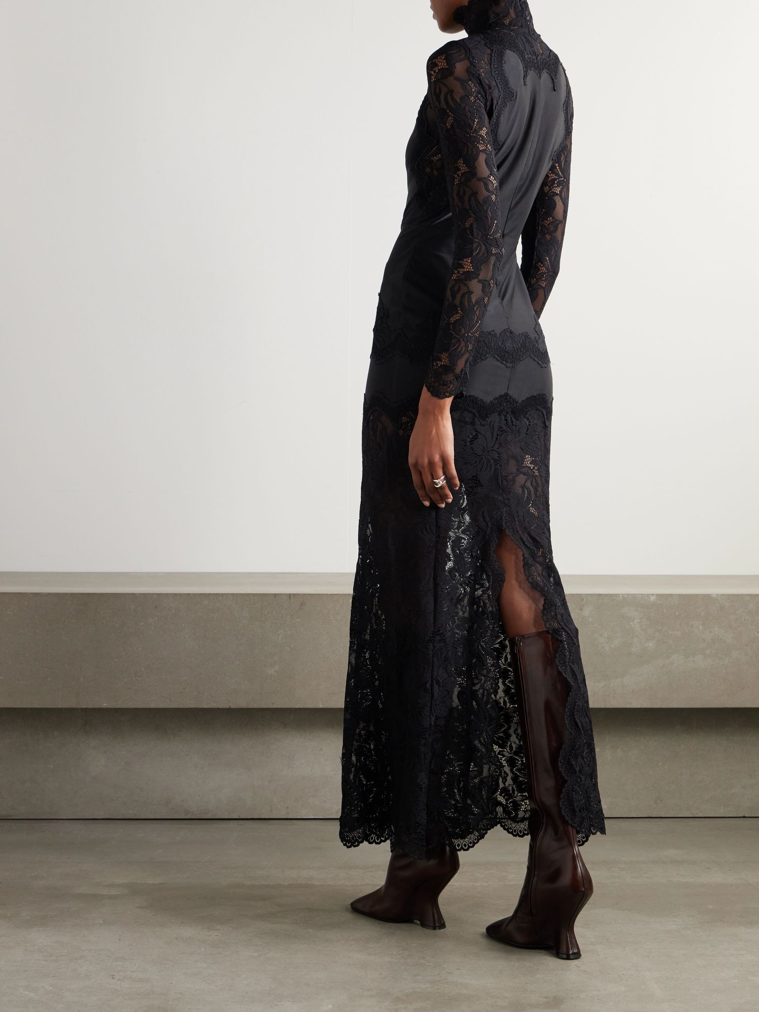 Lace-trimmed silk-satin maxi dress Black - 3