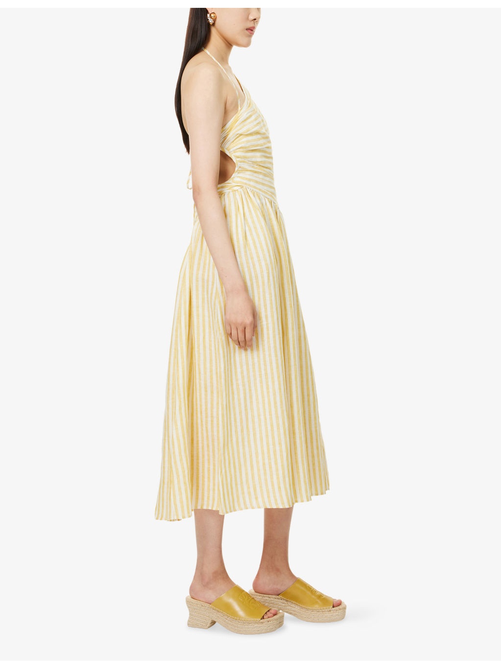 Stripe-Print Asymmetric Linen Midi Dress - 3