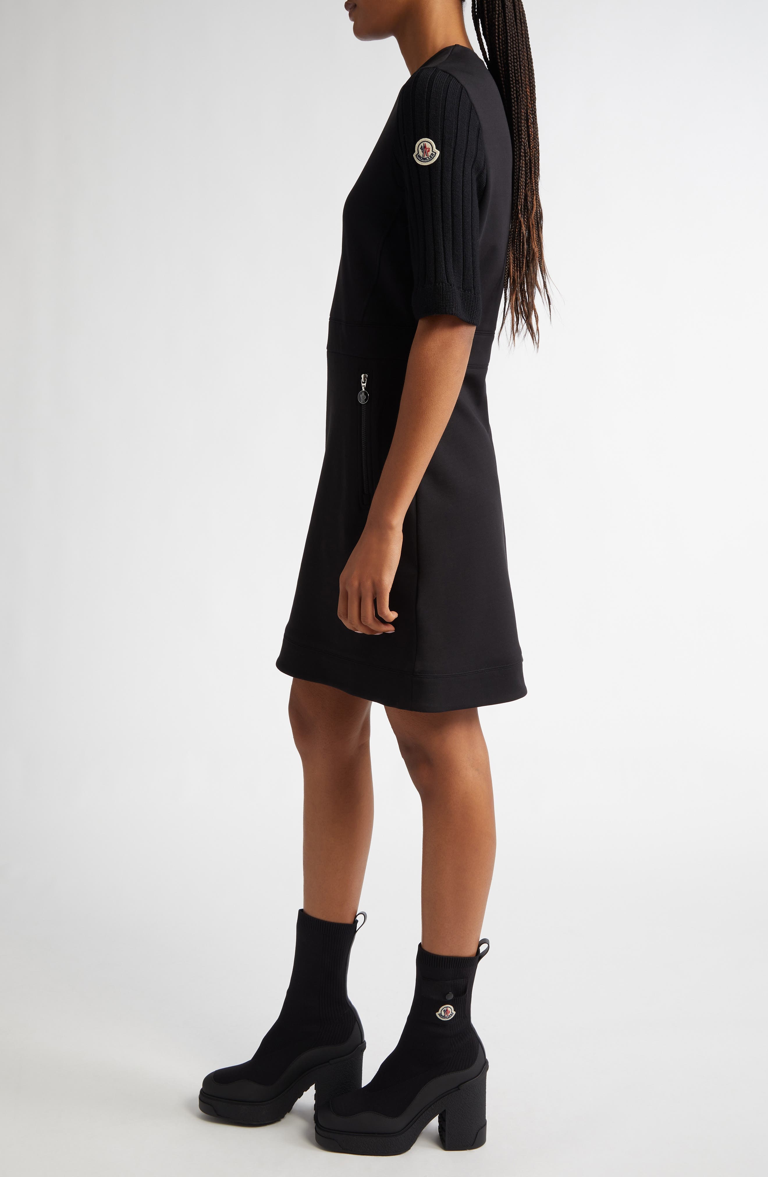 Moncler Mixed Media Fit & Flare Minidress in Black at Nordstrom - 3