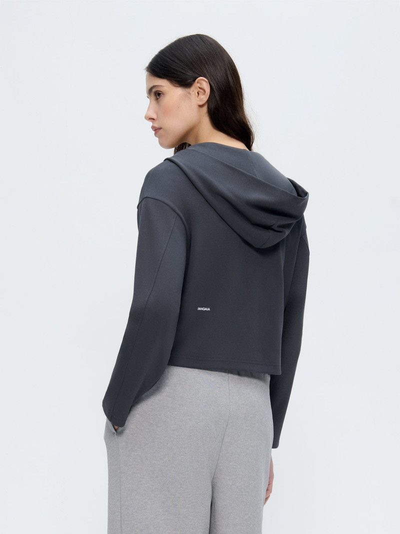 Womens Double Jersey Cropped Zip Up Hoodie - Smoked Black 3