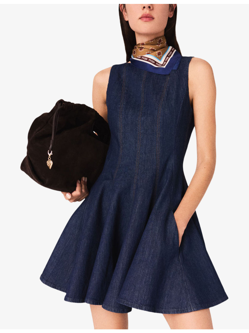 Round-Neck Flared-Skirt Stretch-Denim Mini Dress - 3