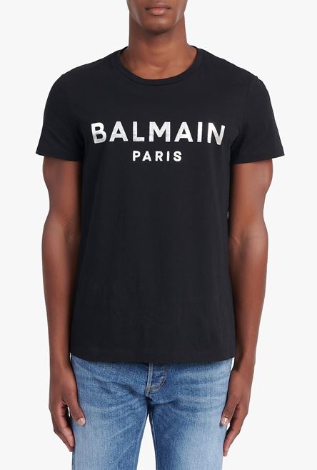 Black eco-designed cotton T-shirt with silver Balmain Paris logo print - 5