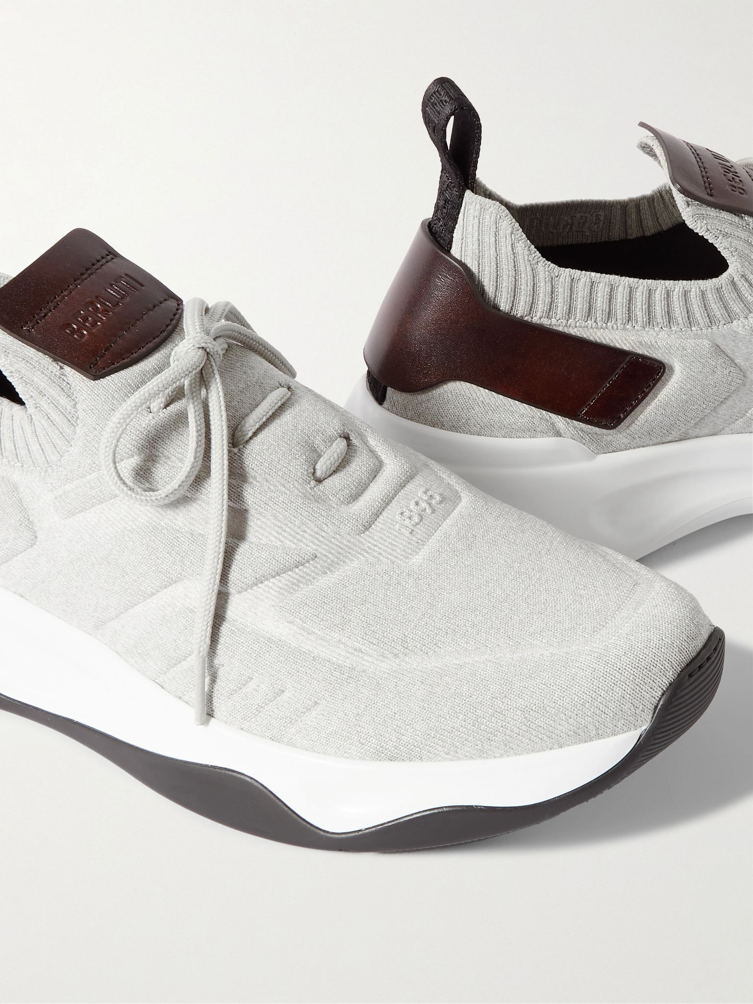 Shadow Leather-Trimmed Stretch-Knit Sneakers Gray - 6
