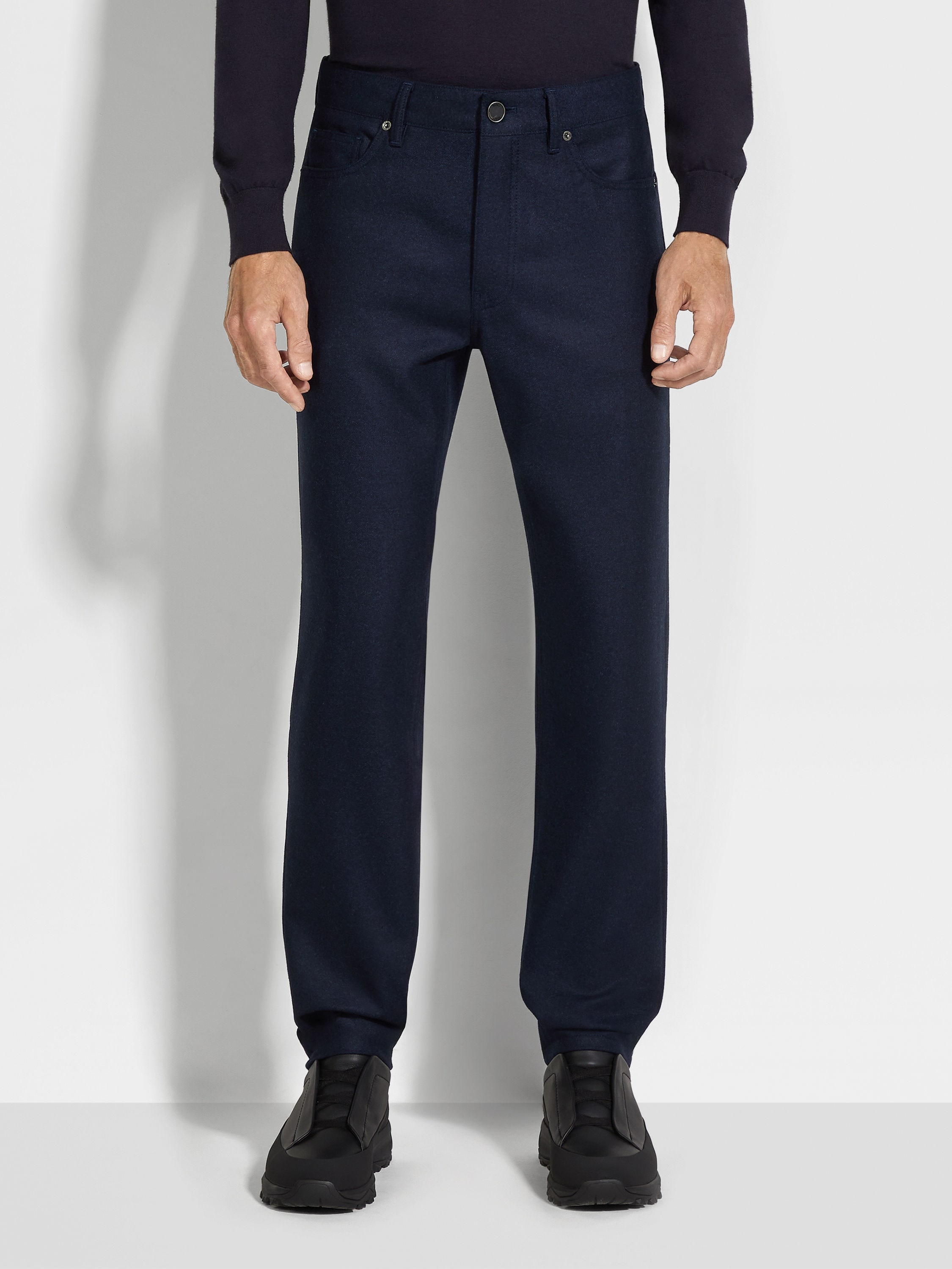 NAVY BLUE WOOL AND CASHMERE ROCCIA PANTS - 4