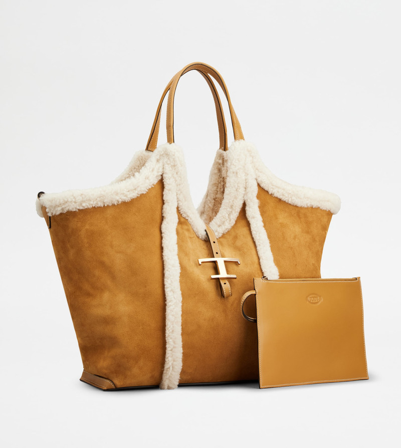 Tod's T TIMELESS SHOPPING BAG IN SUEDE MEDIUM - BROWN, WHITE outlook