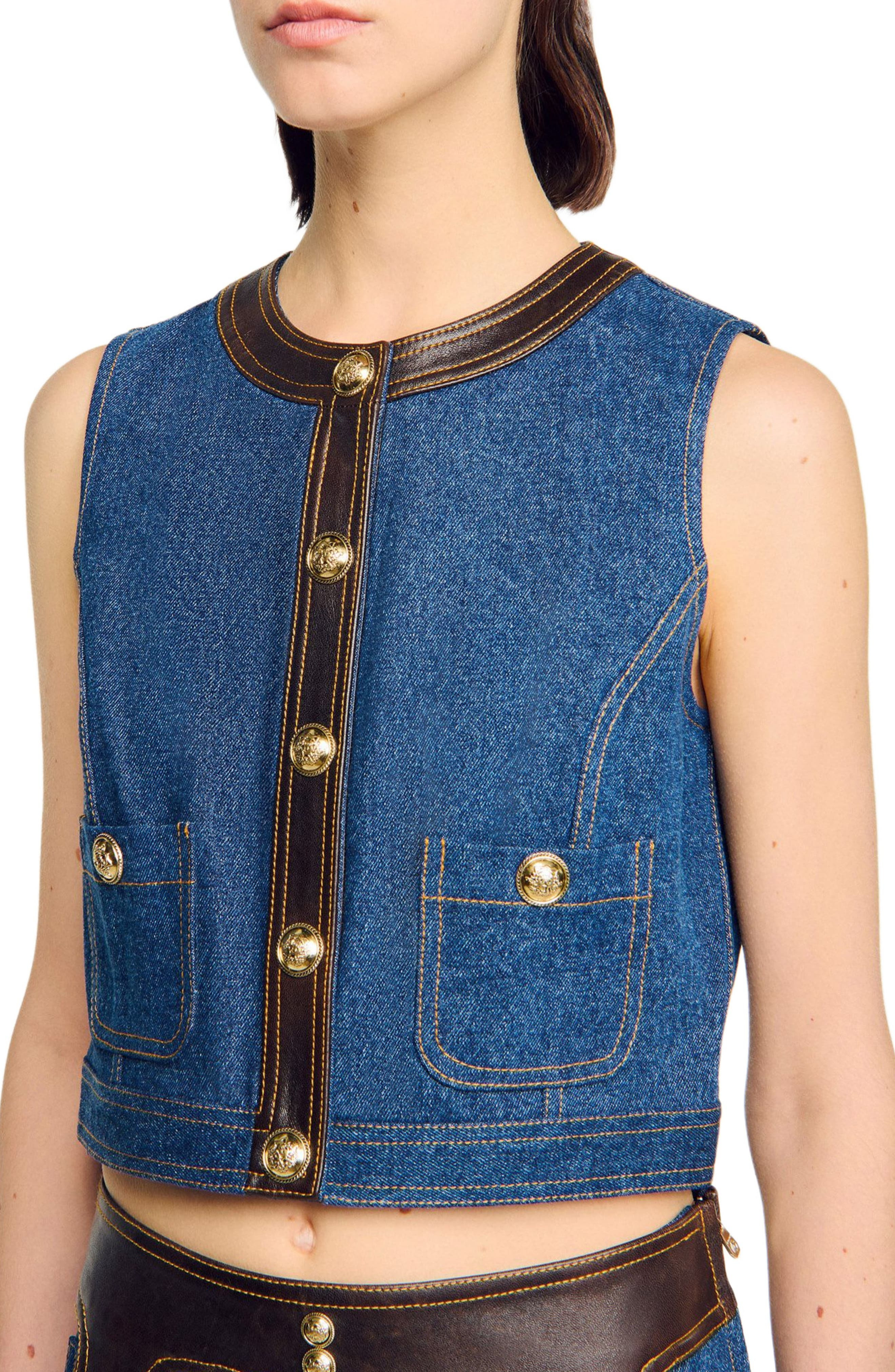 SANDRO Denim and leather top in Dark Blue at Nordstrom - 4
