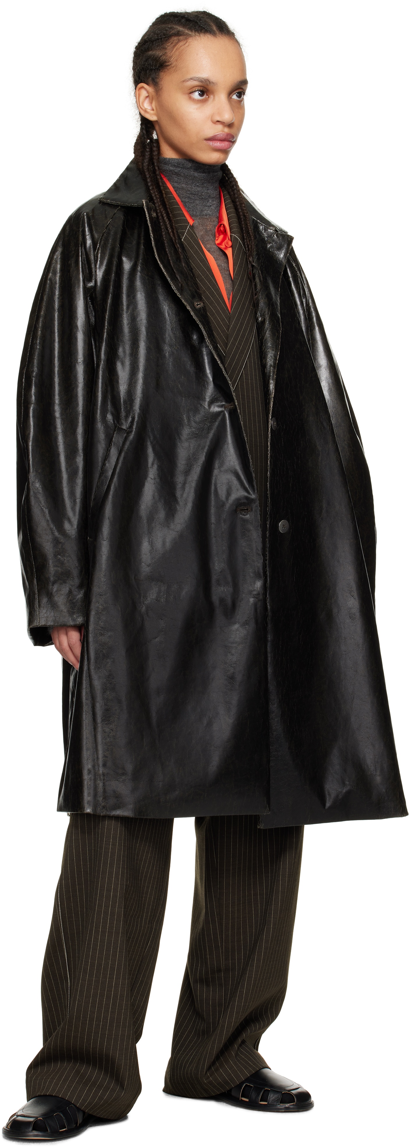 Black Scratched Faux-Leather Coat - 7