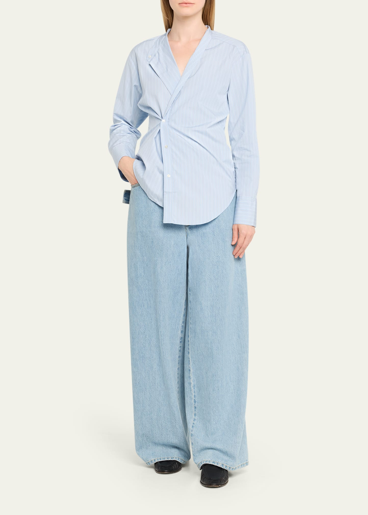Stripe Long-Sleeve Overlap Shirt - 2