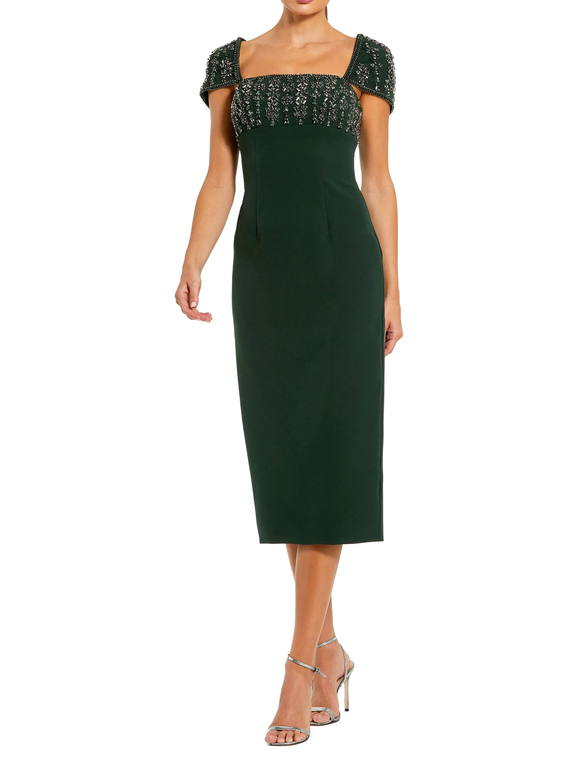 Women's Embellished-Trimmed Cap Sleeve Crepe Midi-Dress - Dark Emerald - 1