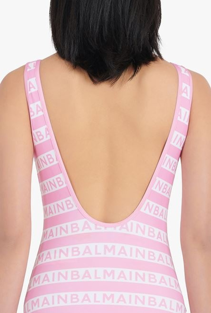 Bicolor pink and white swimsuit with Balmain monogram 8