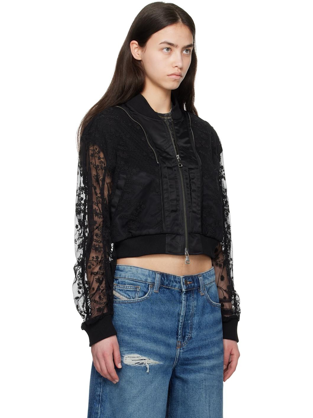 Black Layered Logo Lace Short Bomber Jacket - 2