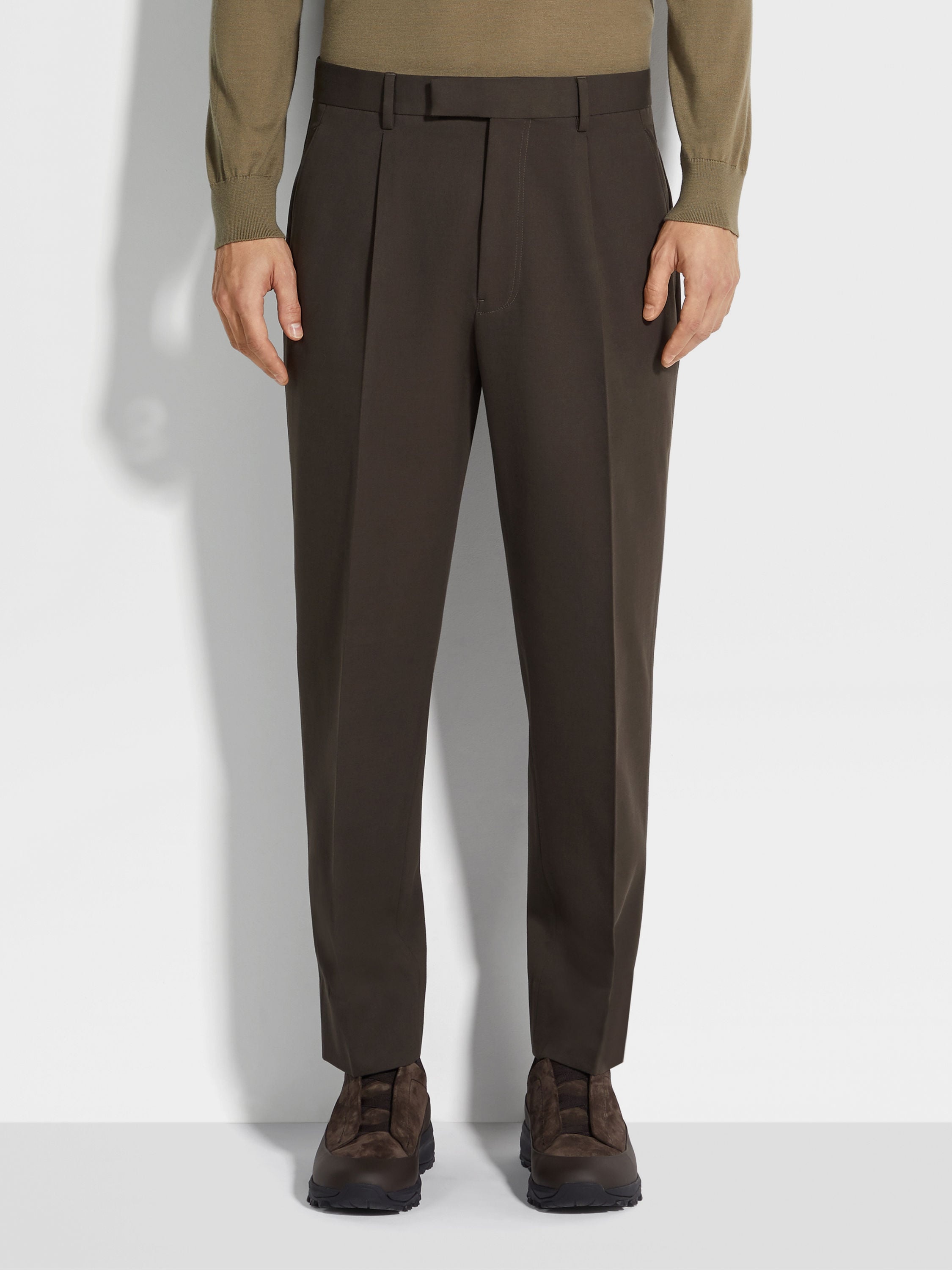 DARK BROWN COTTON AND WOOL PANTS - 5