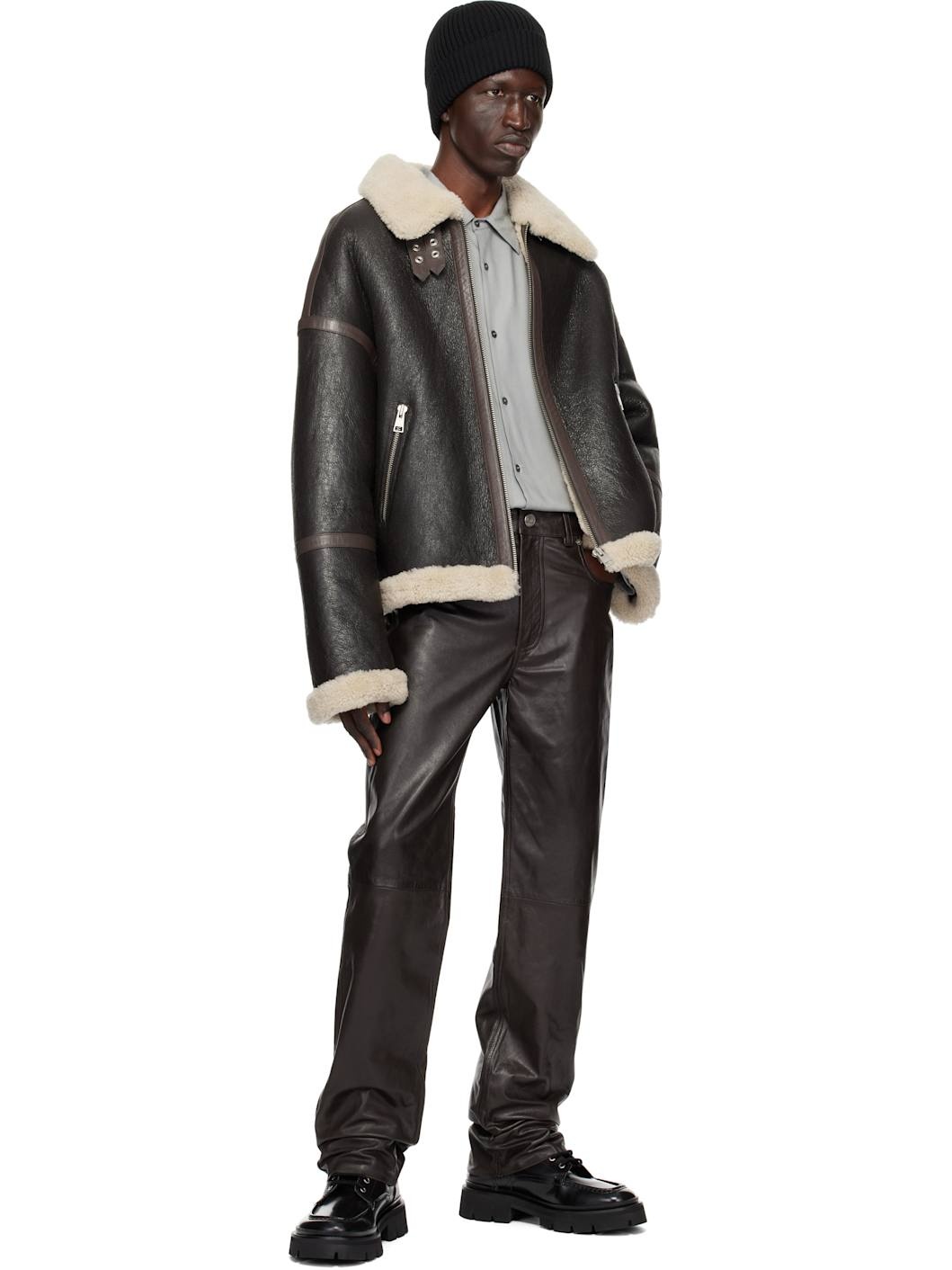 Brown Straight Fit Leather Pants - 4