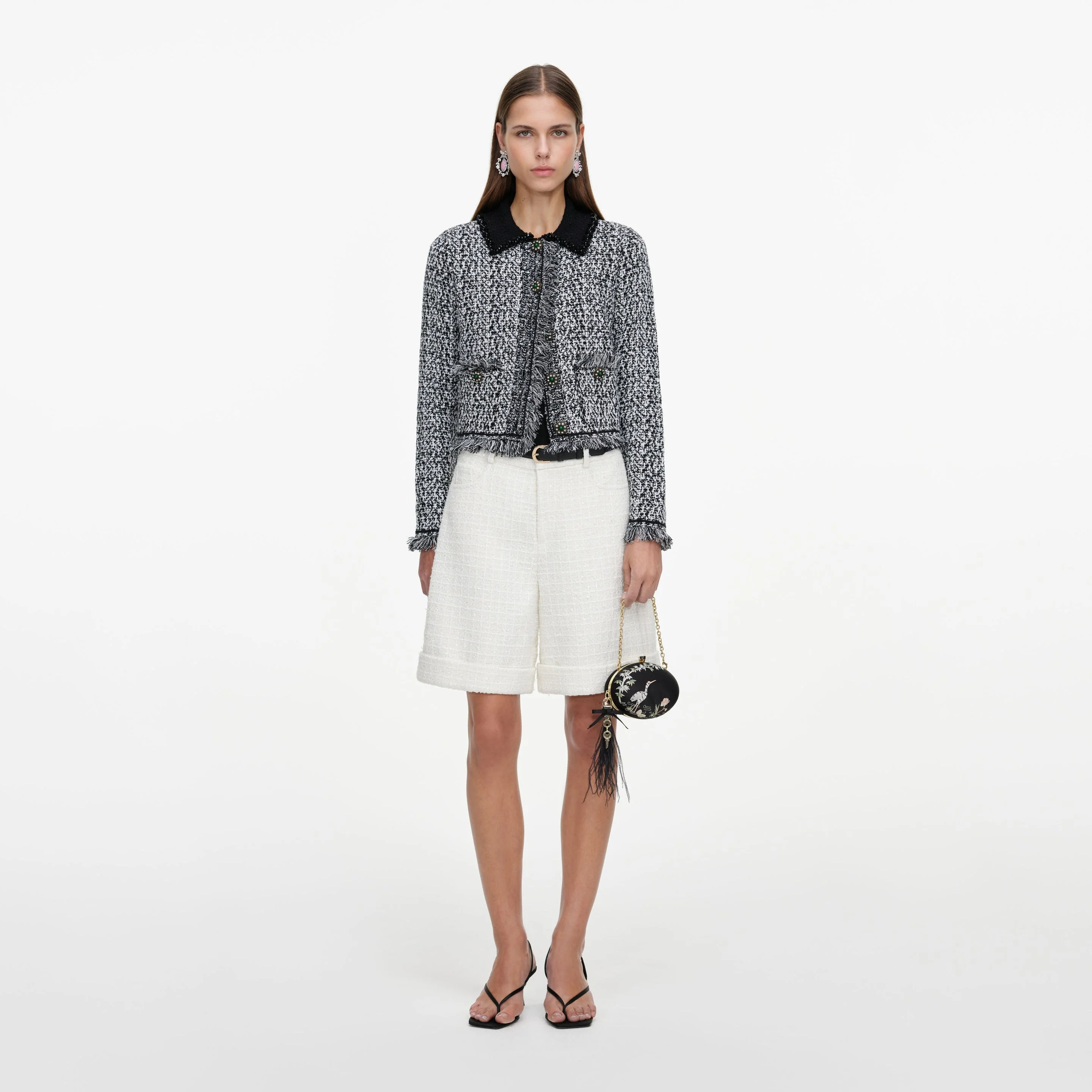 Cream Sequin Boucle Tailored Shorts - 1