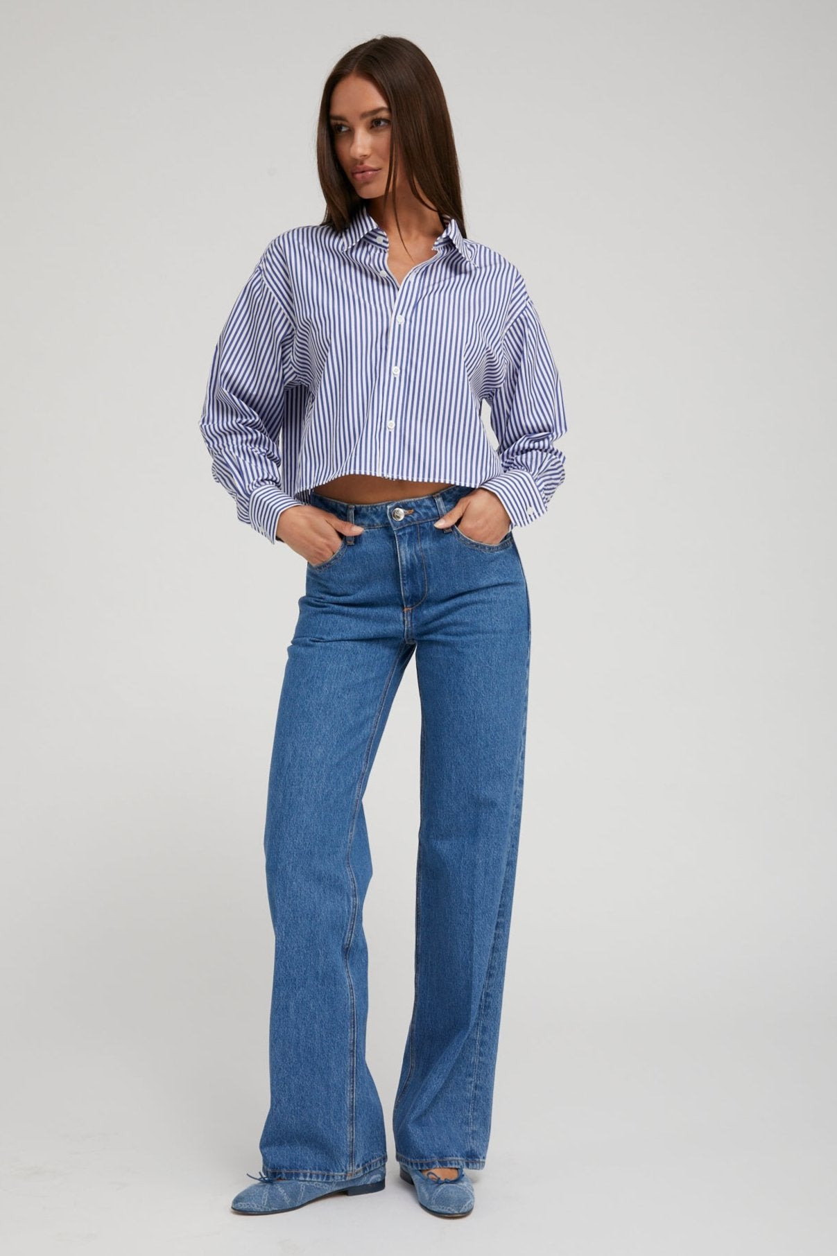 ROYAL BLUE STRIPED CROPPED BUTTON DOWN - 7