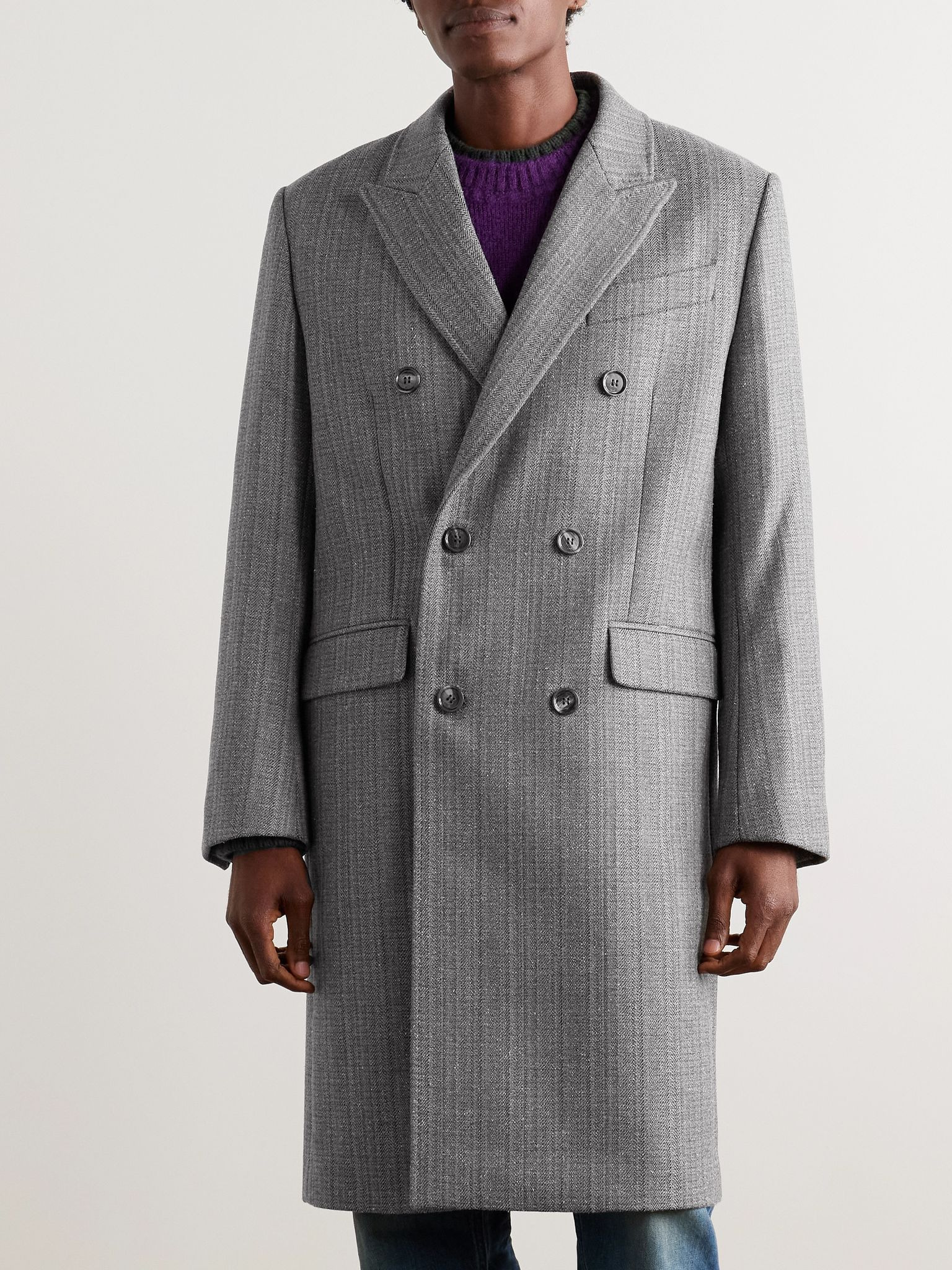 Double-Breasted Herringbone Virgin Wool-Blend Coat Beige - 3
