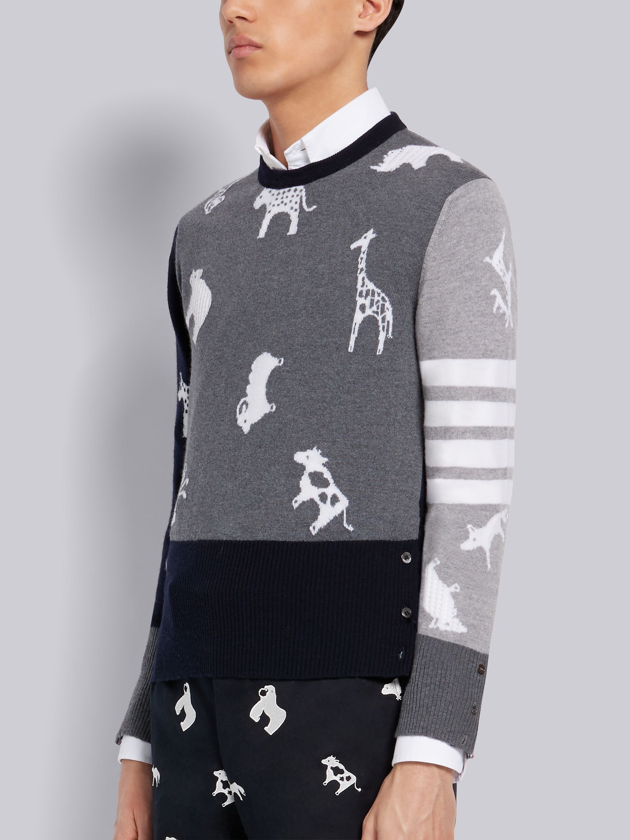 Fun-Mix Fine Merino Wool Animal Icon Crewneck 4-Bar Pullover - 2