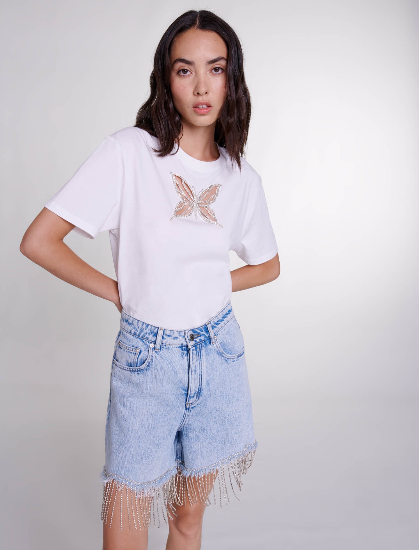 Rhinestone denim shorts - 7