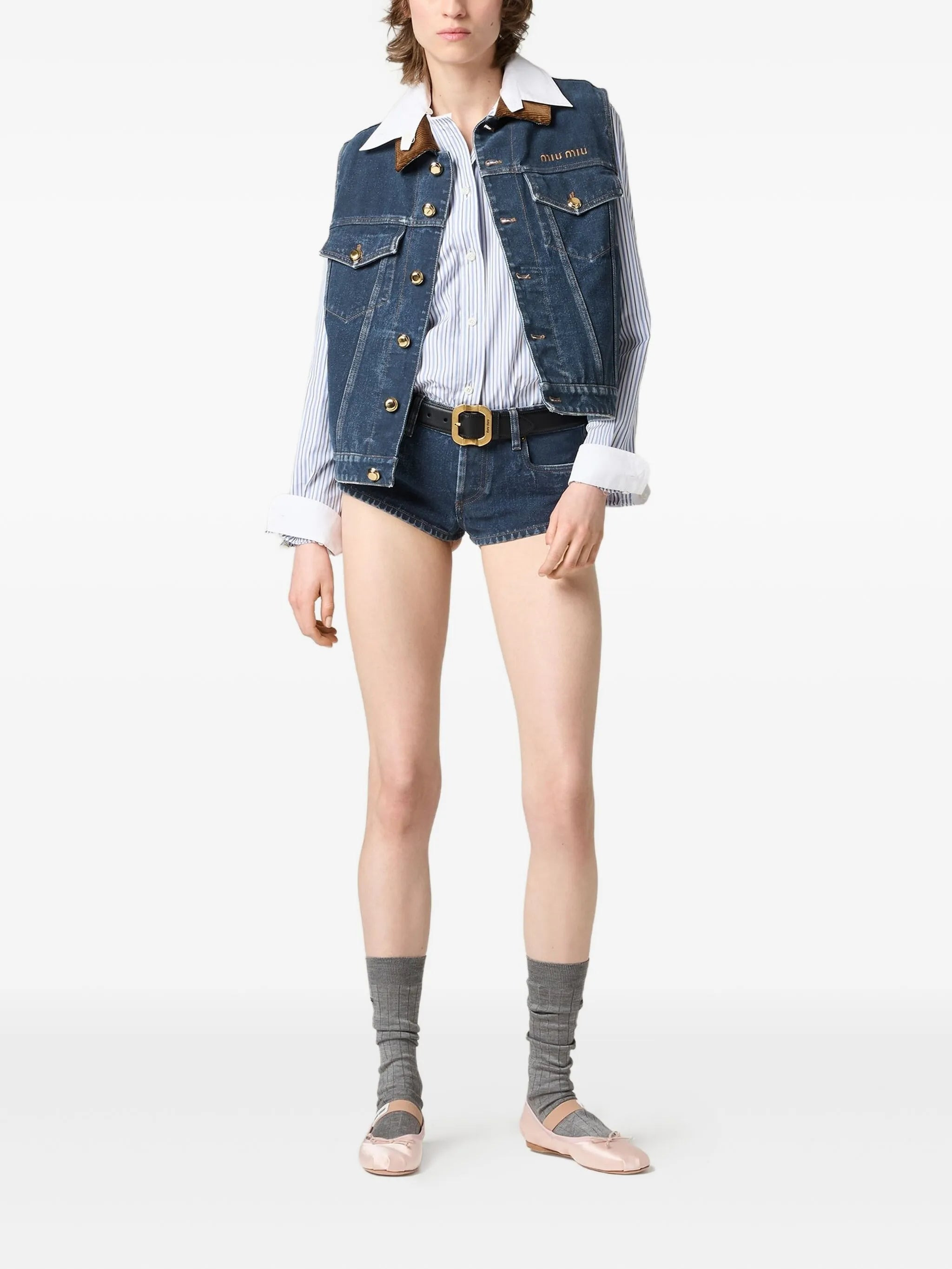 Miu Miu Corduroy-collar Denim Vest - 2