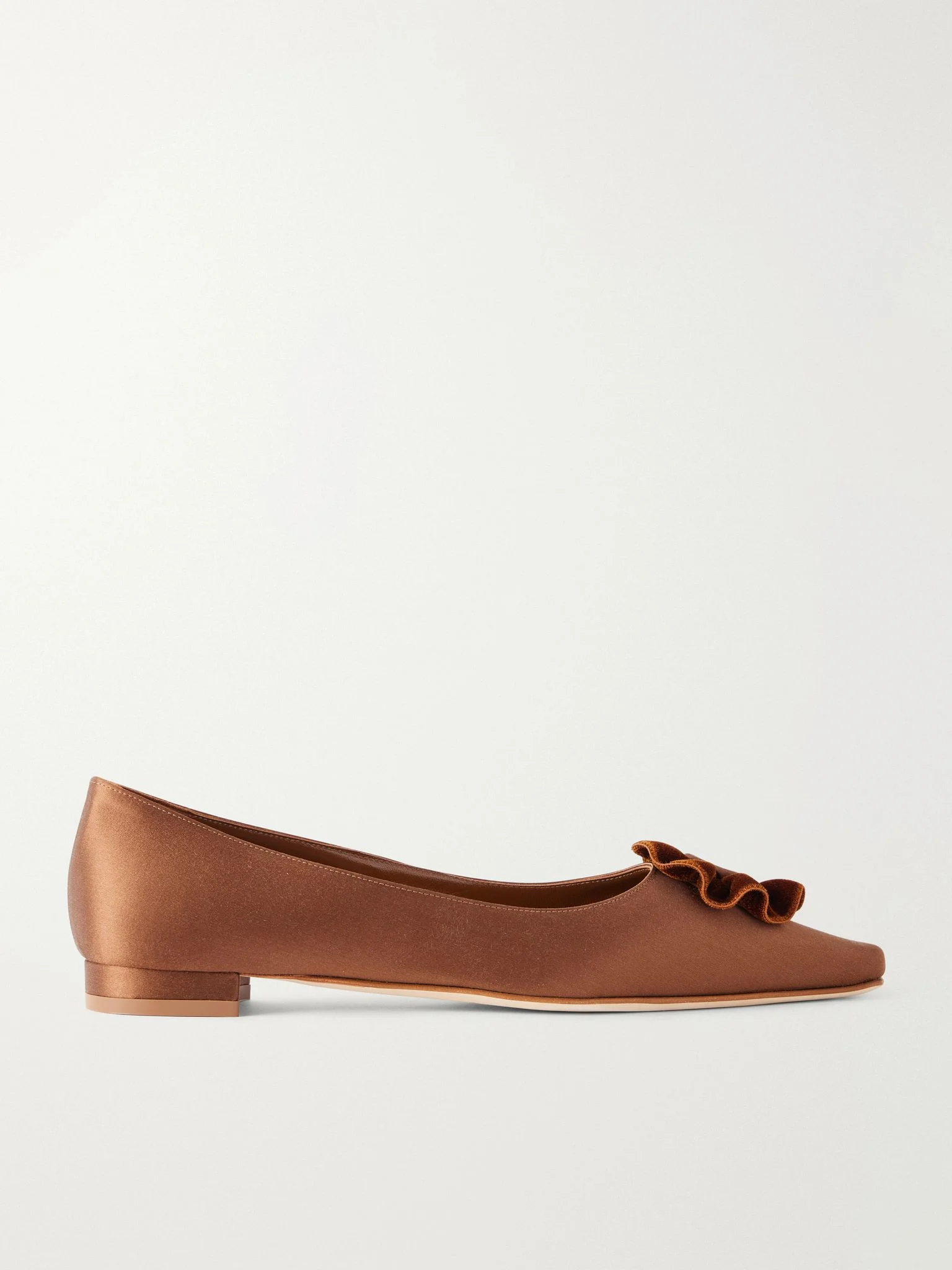 Fortanflat 10 floral-appliquéd velvet-trimmed satin flats Tan - 1