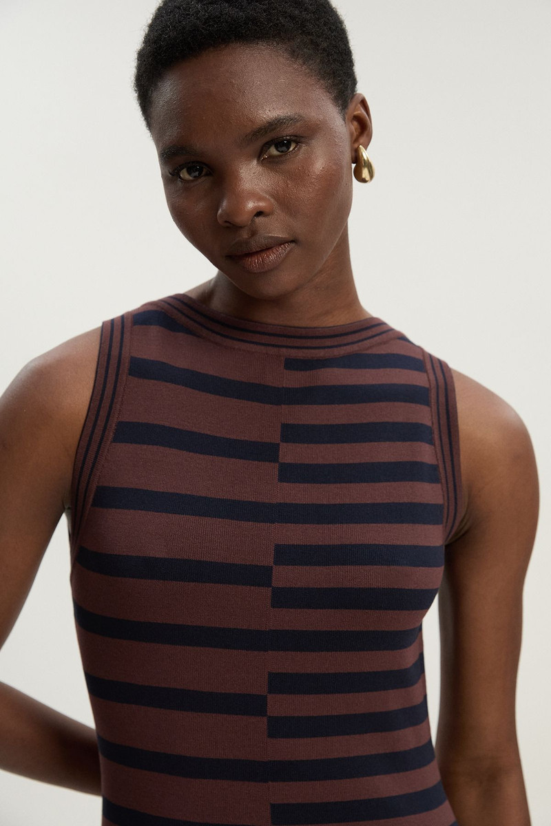 KAREN MILLEN Asymmetric Hem Cut About Stripe Sleeveless Knitted Midi Dress outlook