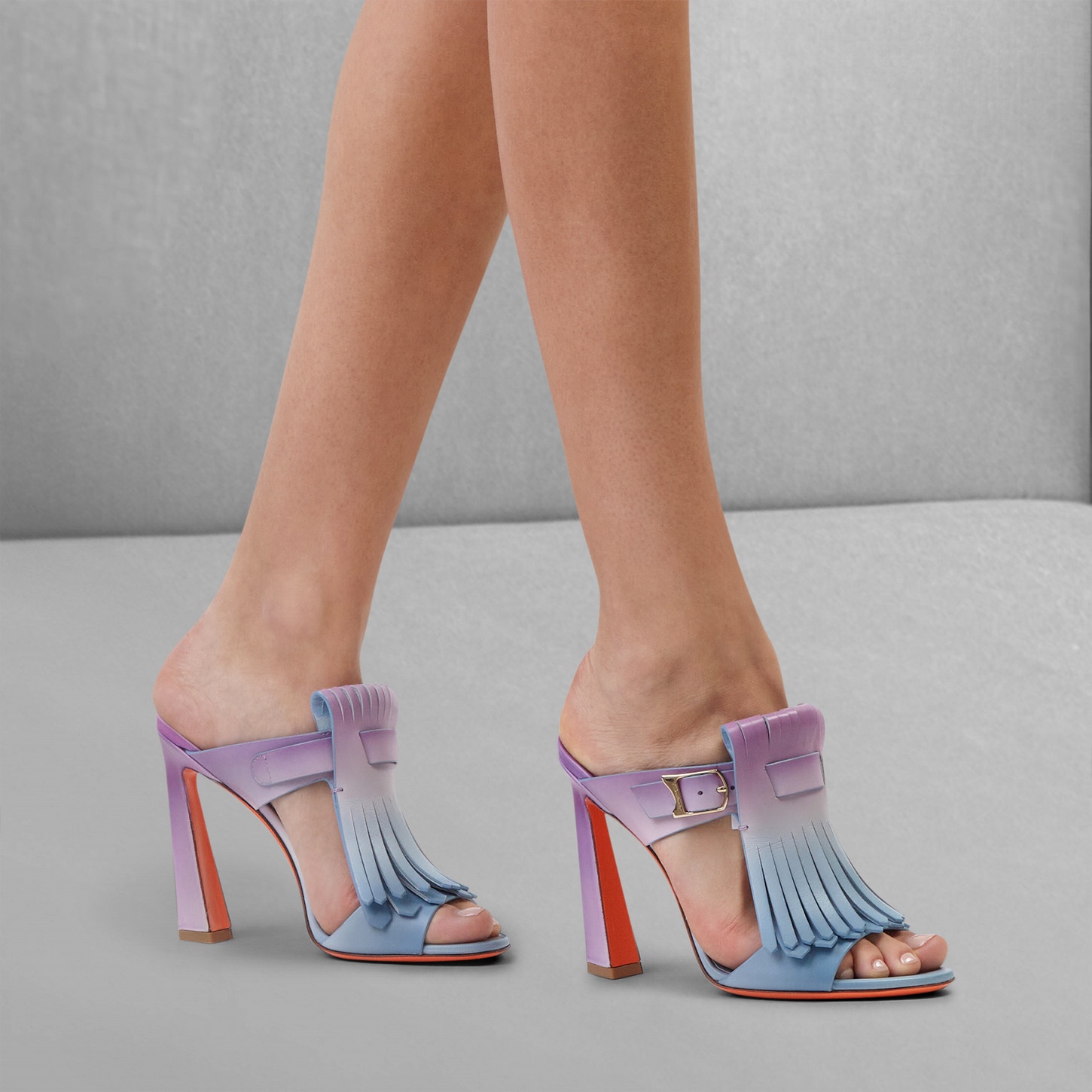 Women's purple and light blue leather high-heel Dua slide sandal with fringe - 2