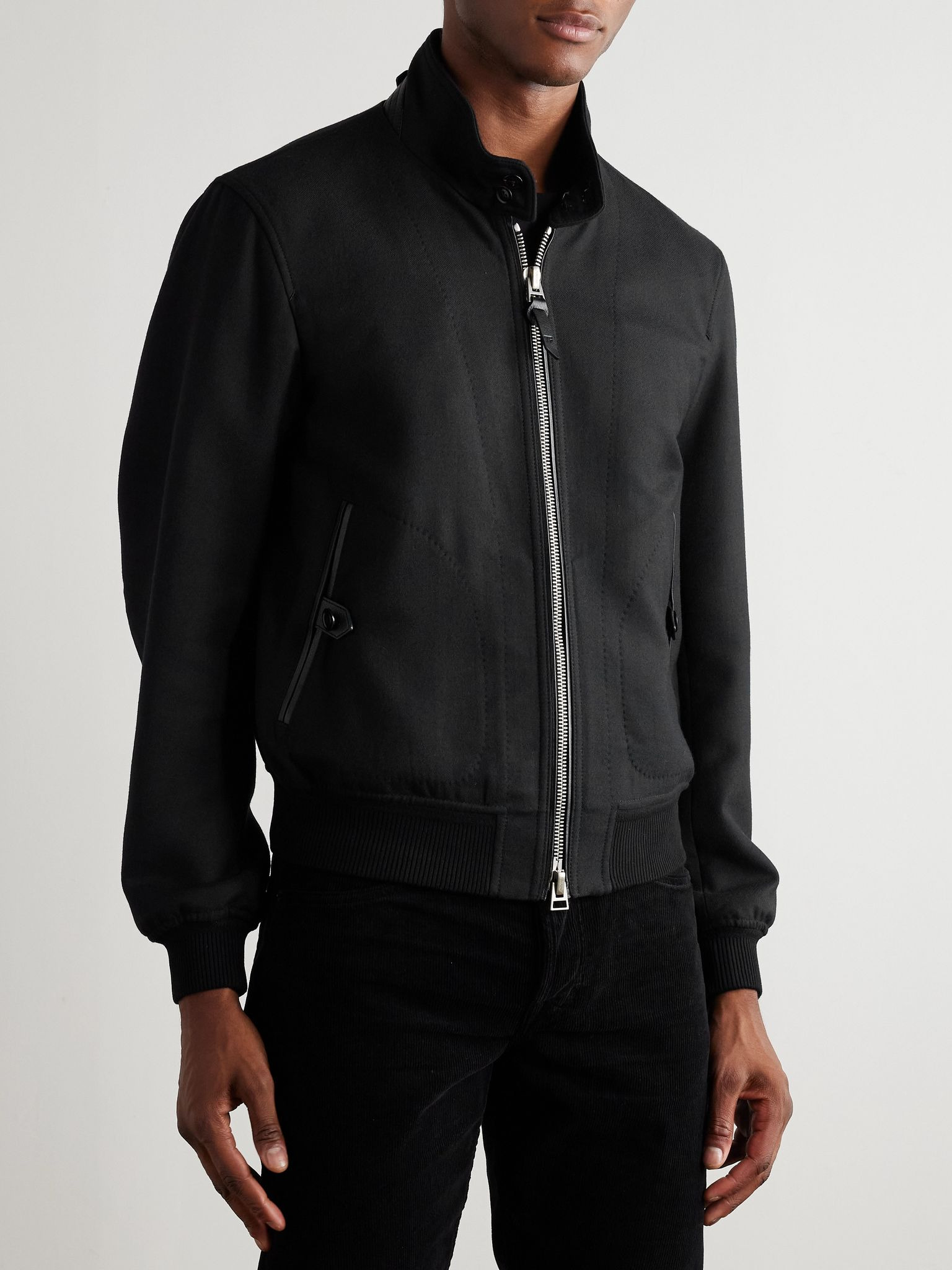 Leather-Trimmed Wool and Silk-Blend Twill Bomber Jacket Black - 3