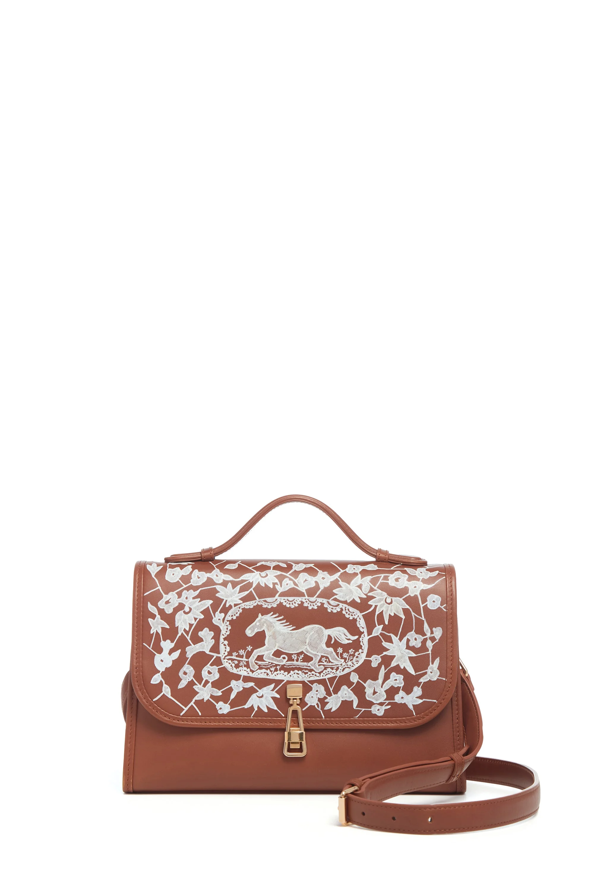 Hand Painted Medium Leonora Flap Bag in Cognac & White Leather - 1