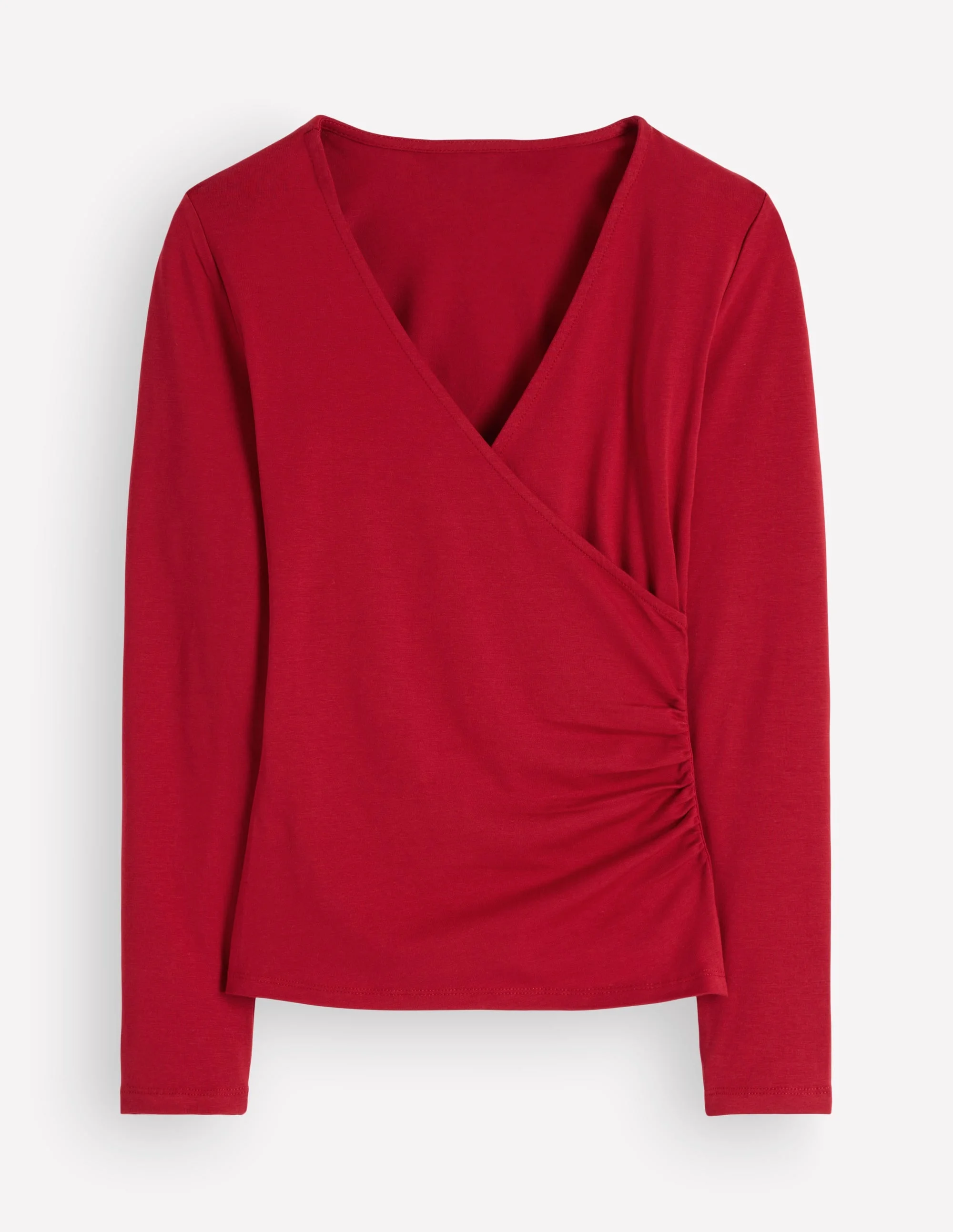 Ruched Long Sleeve Wrap Top-Crimson Red - 1