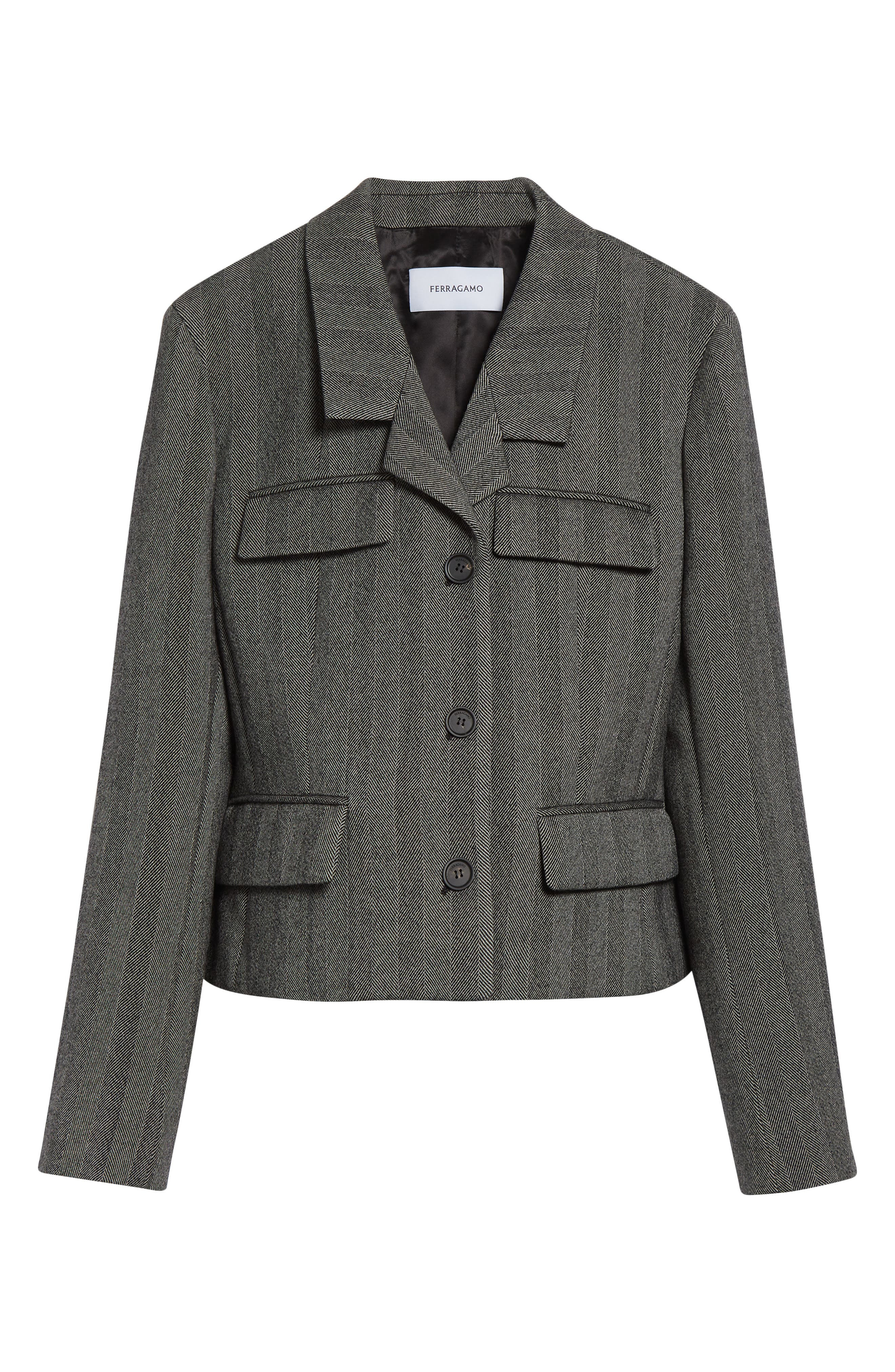 FERRAGAMO Wool Blend Herringbone Crop Jacket in Nero/White Sand at Nordstrom - 7