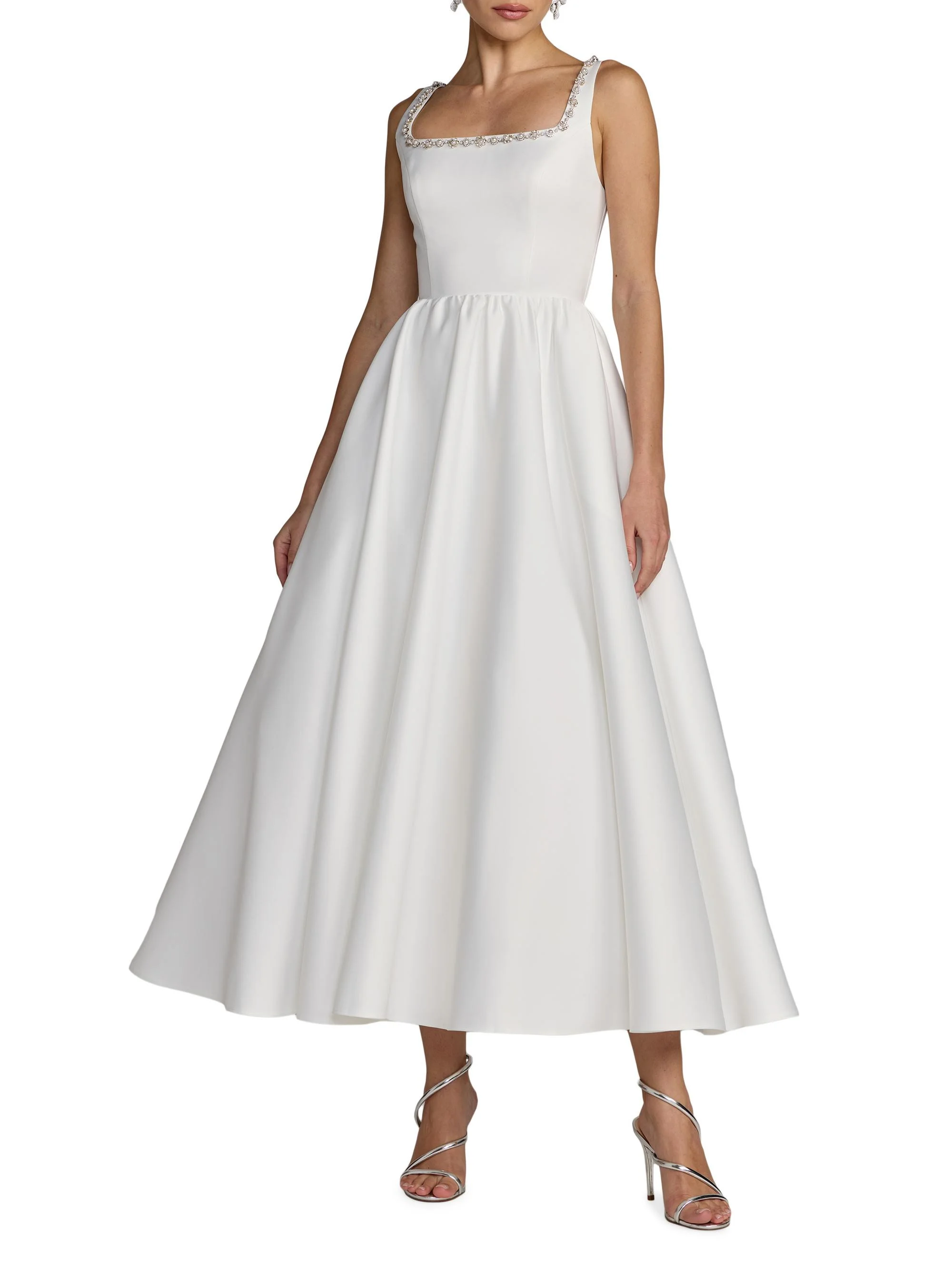 Women's Beaded Satin A-Line Midi-Dress - Ivory - 1