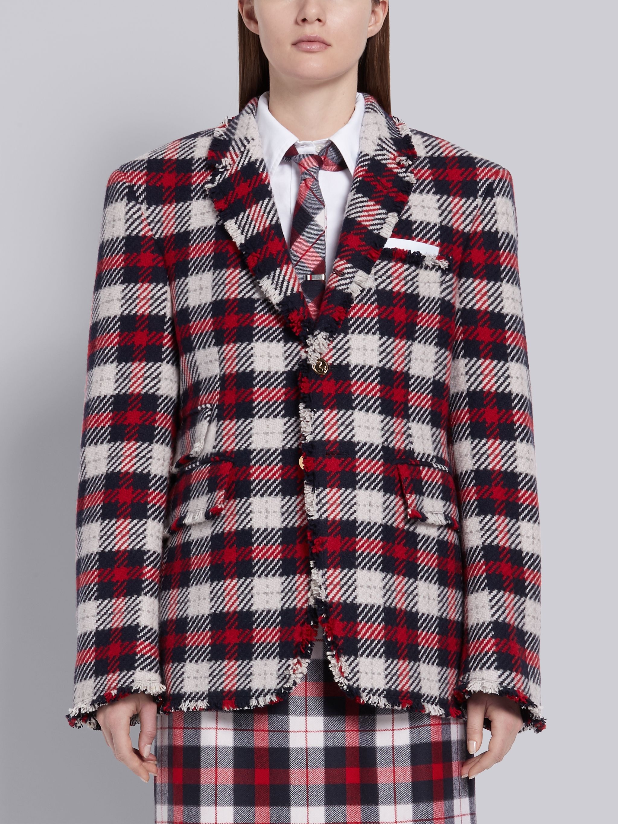 Tricolor Cashmere Tartan Check Tweed Frayed Nipped Waist Ticket Pocket Jacket - 1