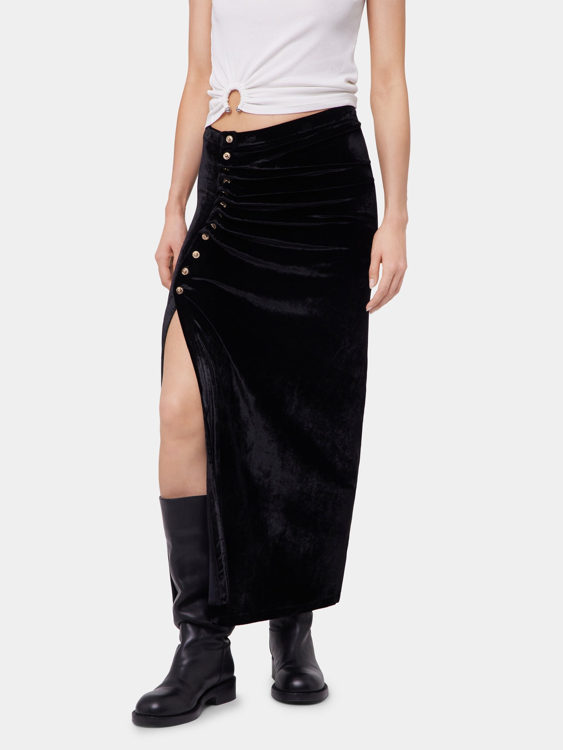 BLACK LONG DRAPED SKIRT IN VELVET - 4