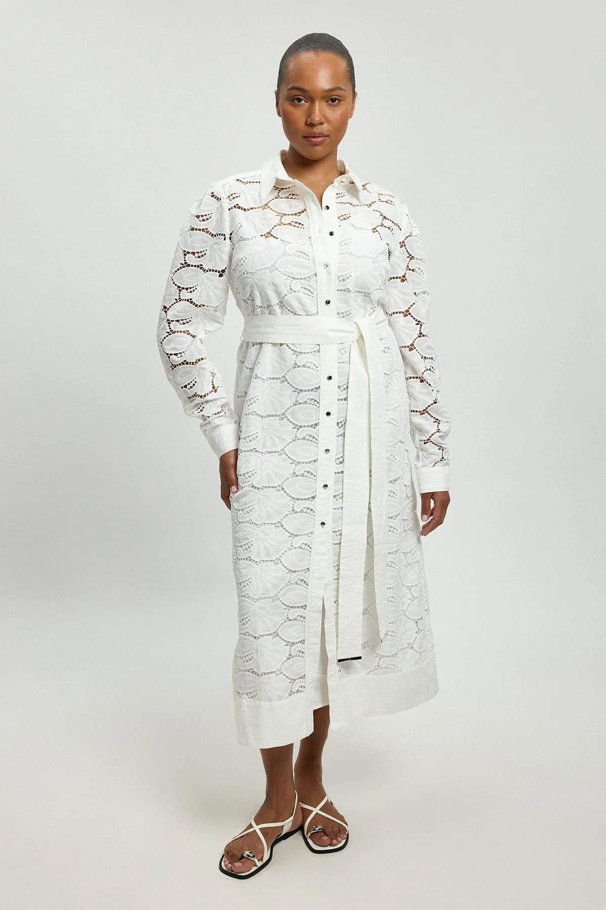 Plus Size Cutwork Cotton Collared Woven Shirt Dress - 1