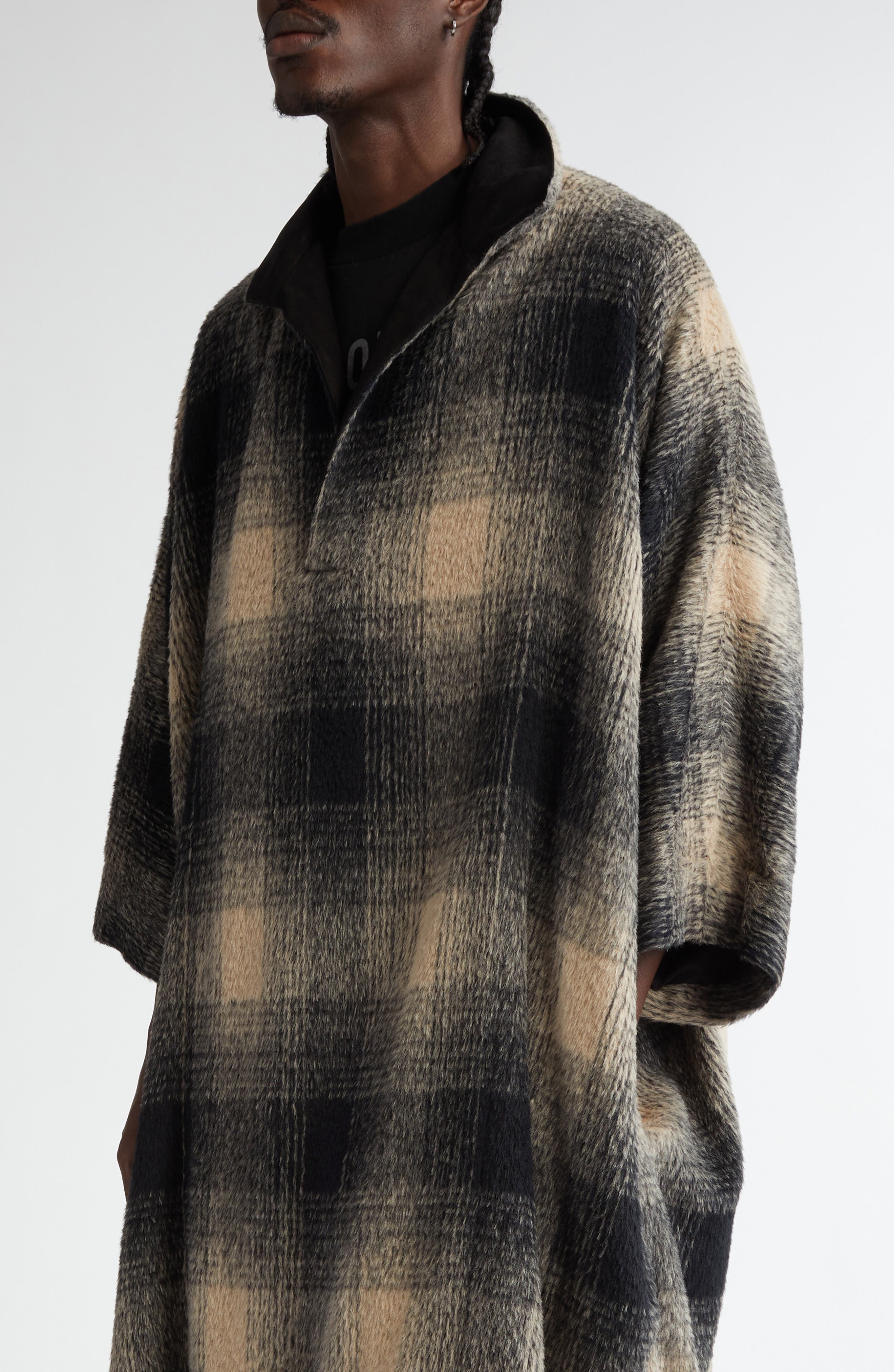 Fear of God Plaid Leather Collar Poncho Pullover in Black/Cream at Nordstrom - 5