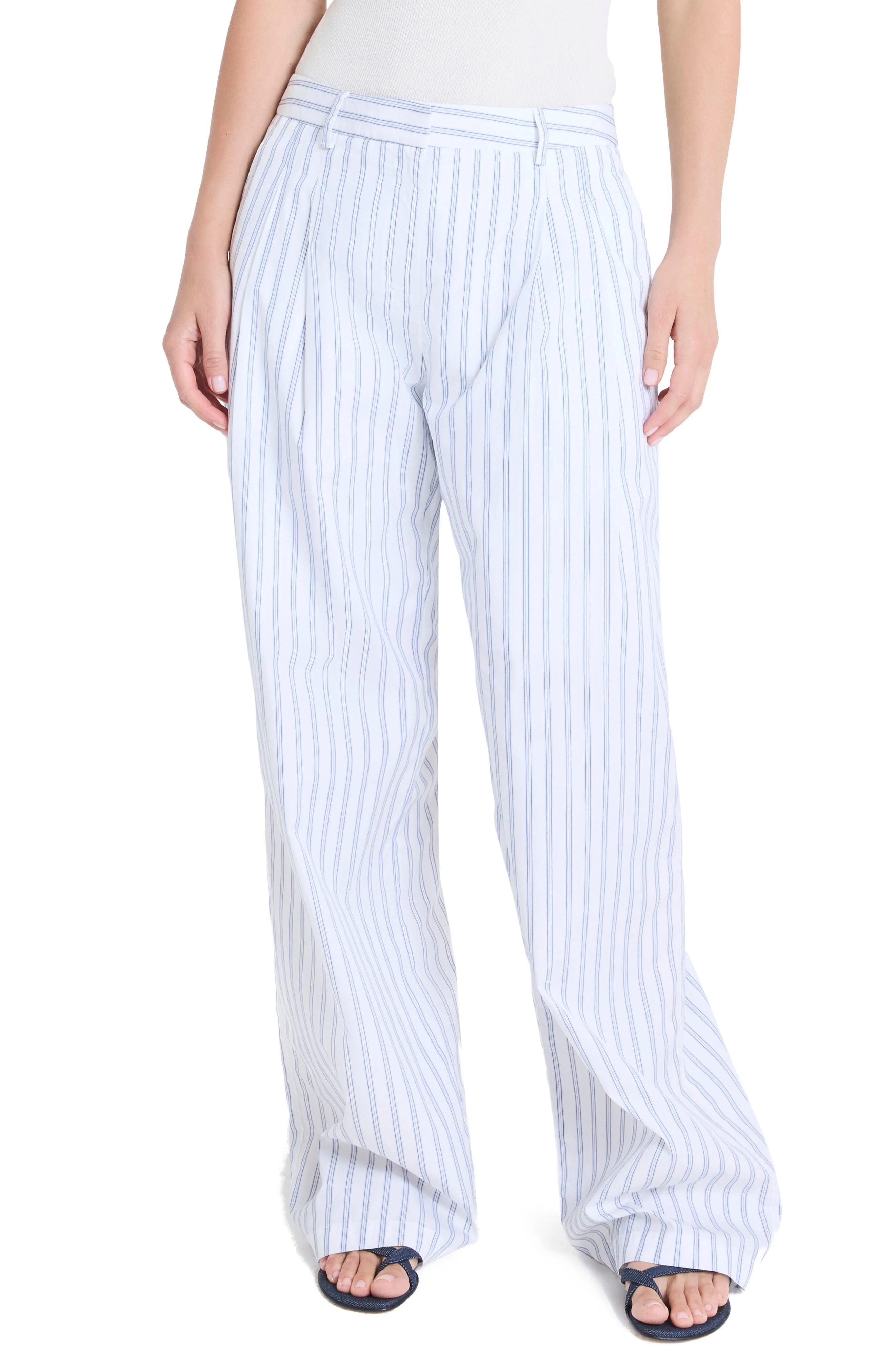 TWP Sulli Ticking Stripe Cotton Pants in White /Midnight at Nordstrom - 1