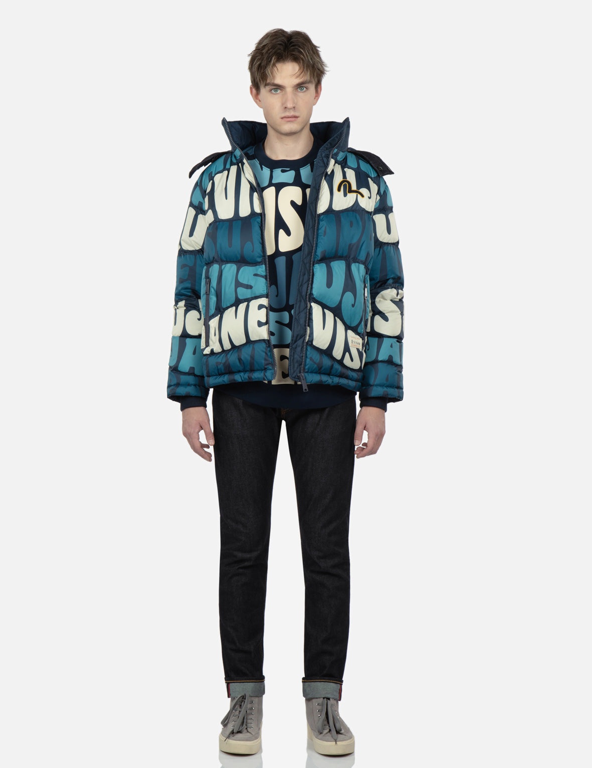 Allover Wavy Text Print Down Jacket - 5